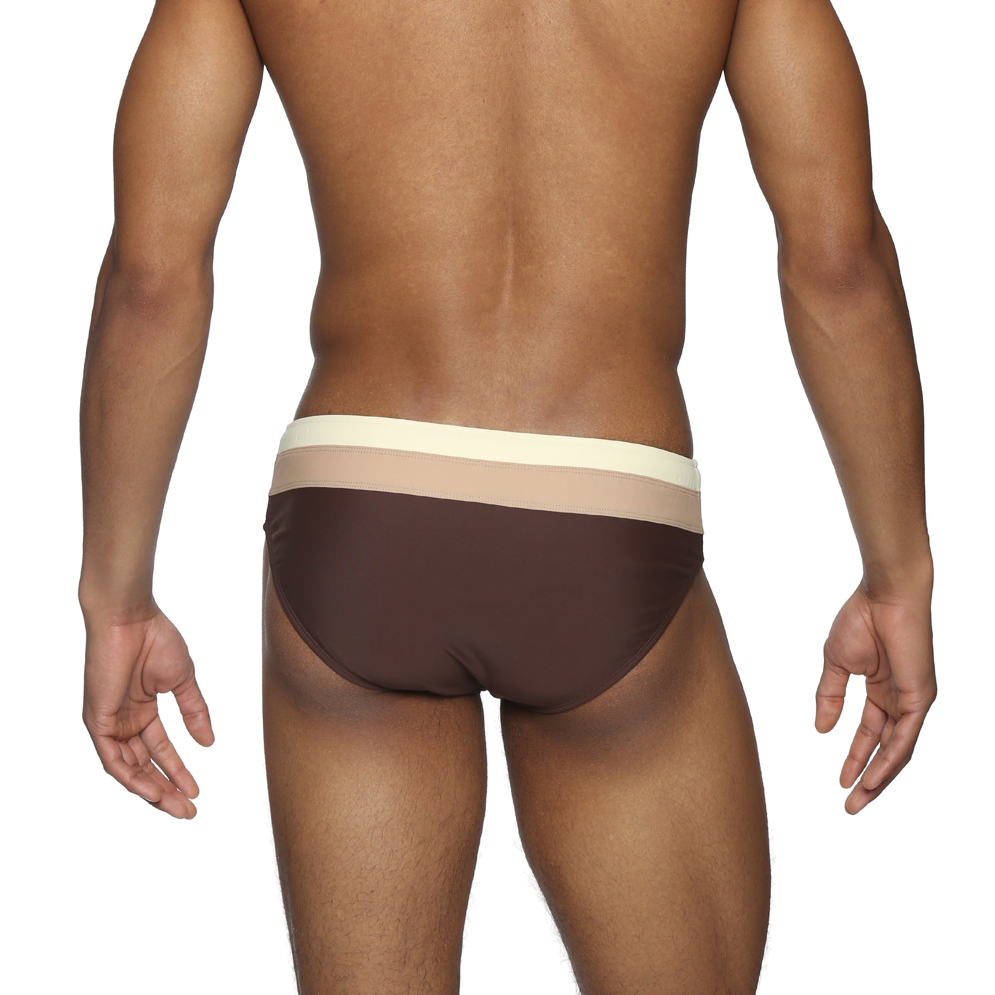 Parke & Ronen Coffee Meridian Swim Brief - men's low-rise swim brief in coffee, back view