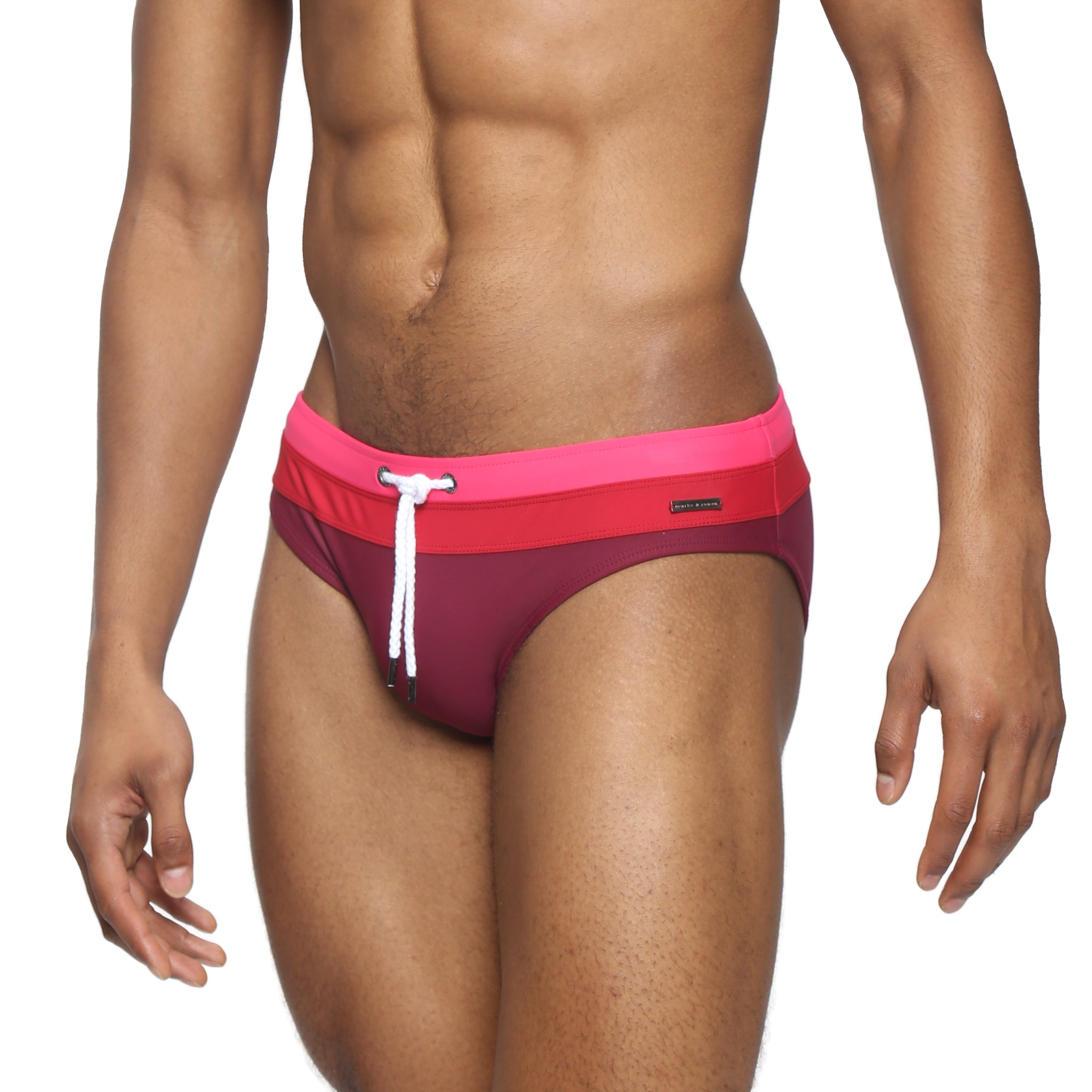 Parke & Ronen Garnet Meridian Swim Brief - men's low-rise swim brief in garnet, side view