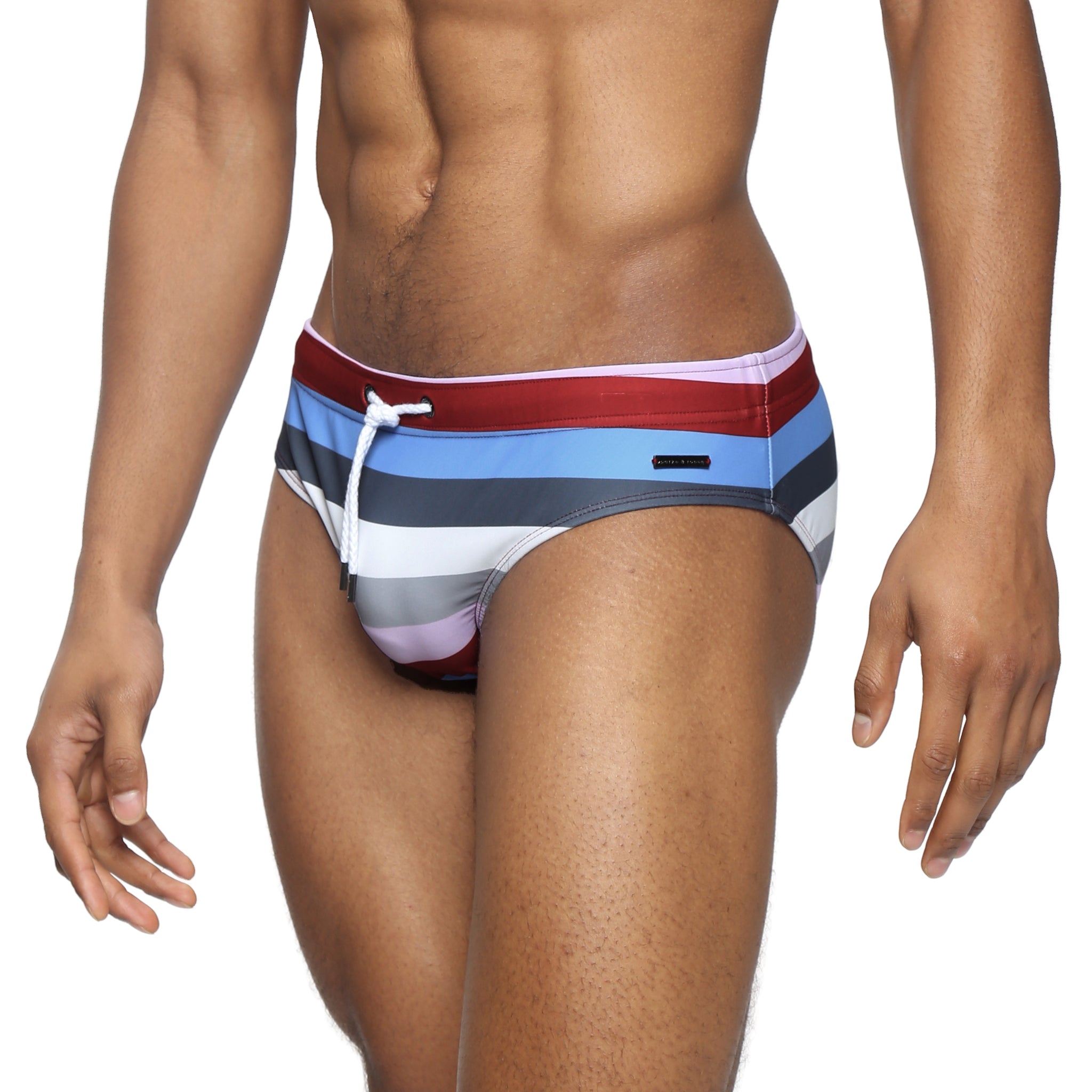 Parke & Ronen Maroon Ischia Meridian Swim Brief - men's low-rise swim brief in maroon ischia, side view