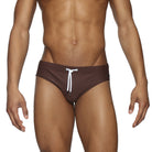 Parke & Ronen Chocolate Meridian Swim Brief - men's low-rise swim brief in chocolate, front view