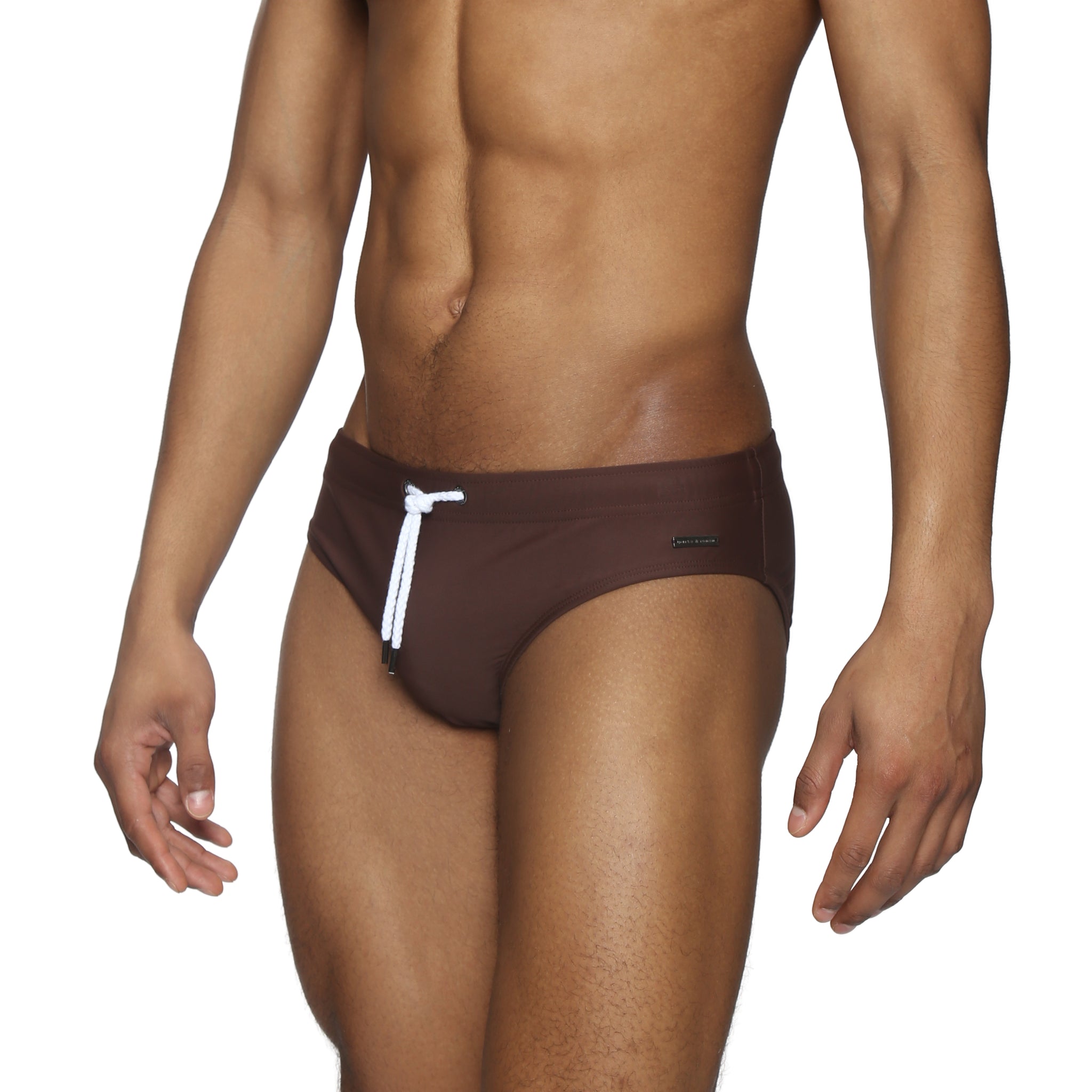 Parke & Ronen Chocolate Meridian Swim Brief - men's low-rise swim brief in chocolate, side view