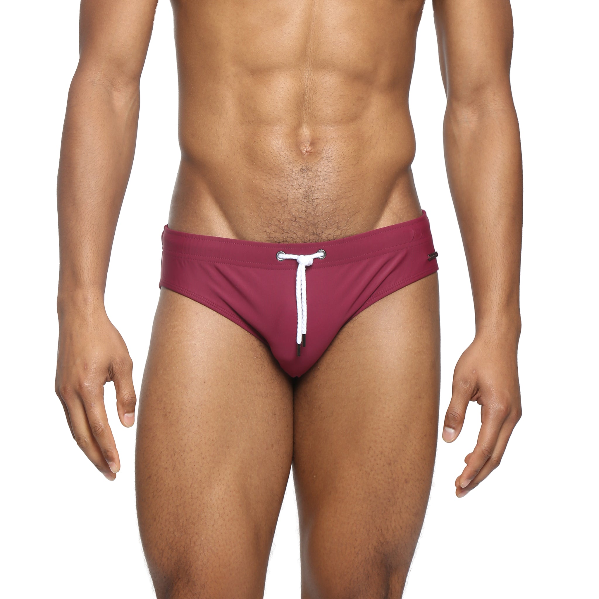 Parke & Ronen Garnet Meridian Swim Brief - men's low-rise swim brief in garnet, front view