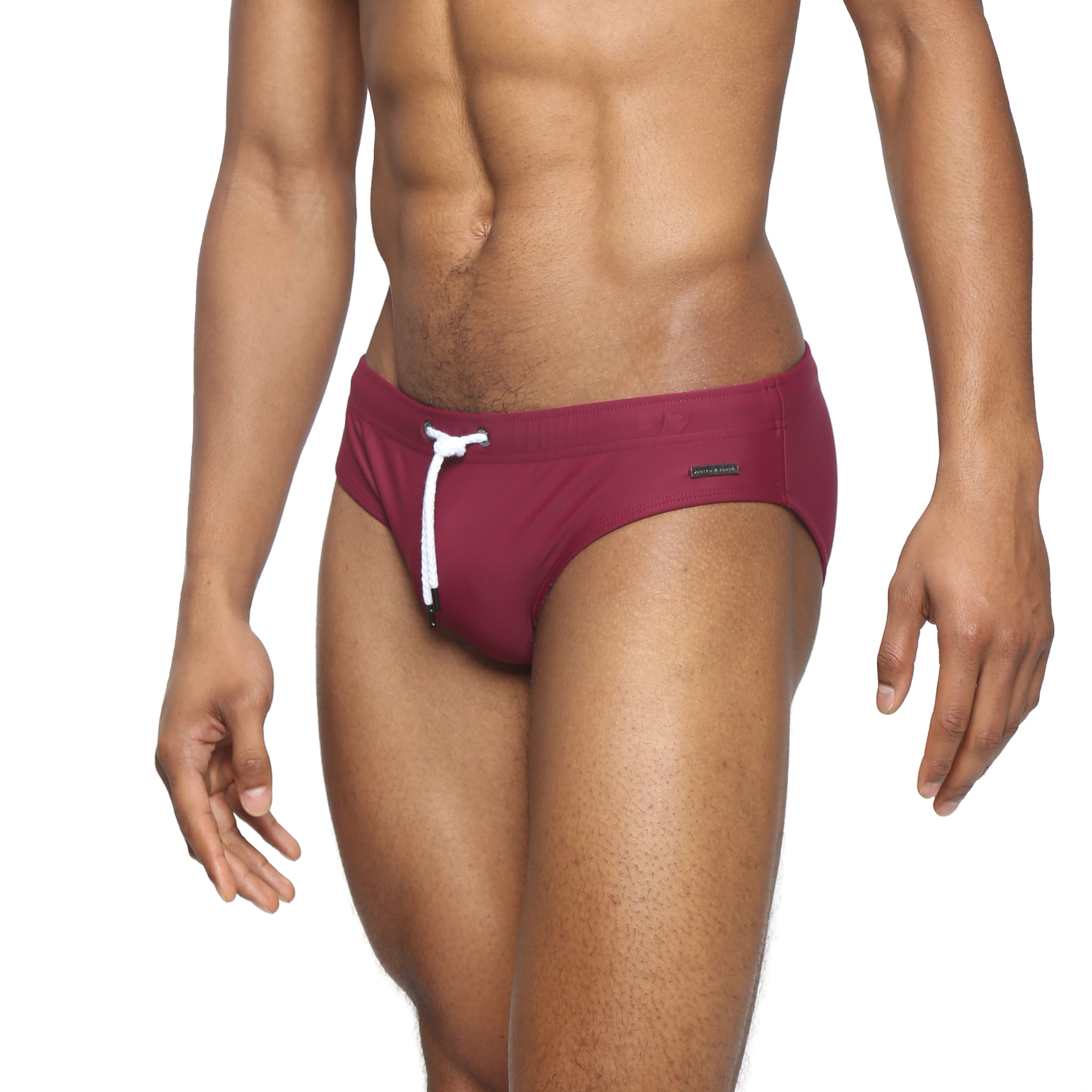 Parke & Ronen Garnet Meridian Swim Brief - men's low-rise swim brief in garnet, side view
