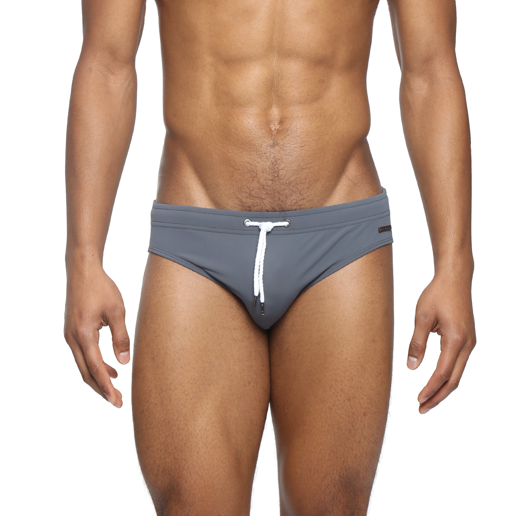 Parke & Ronen Grey Meridian Swim Brief - men's low-rise swim brief in grey, front view