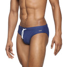 Parke & Ronen Navy Meridian Swim Brief - men's low-rise swim brief in navy, side view