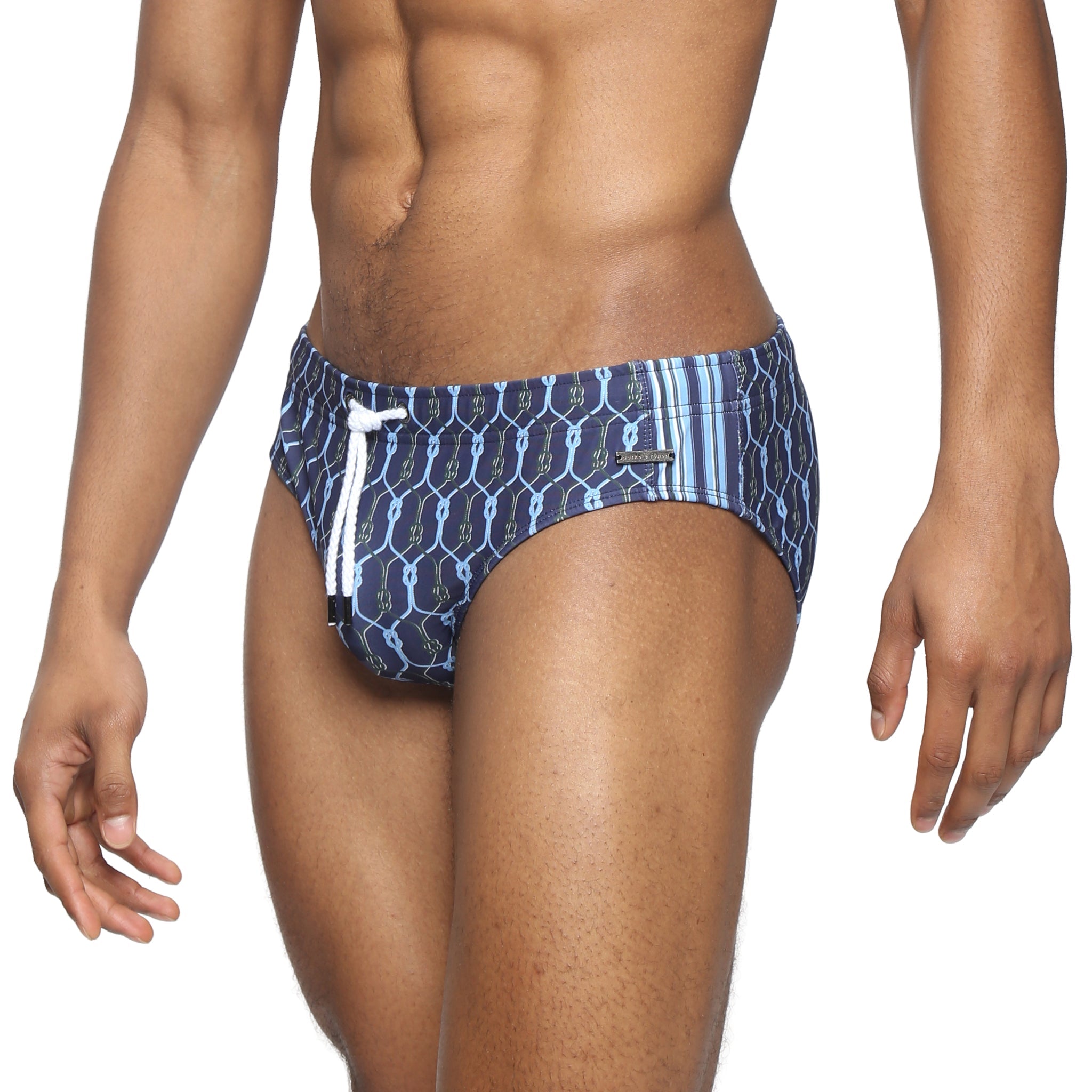 Parke & Ronen Navy Voyager Meridian Swim Brief - men's low-rise swim brief in navy voyager, side view
