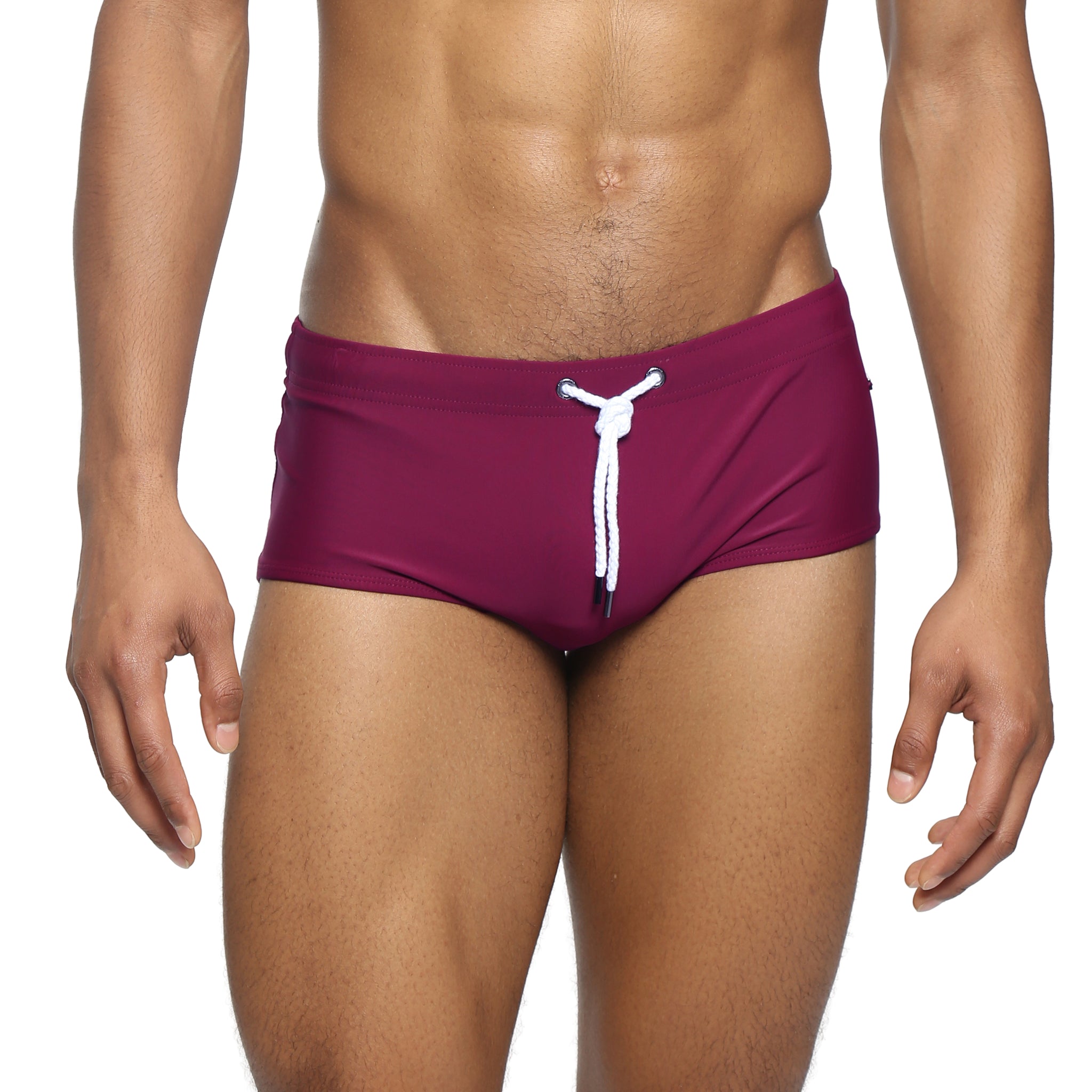 Parke & Ronen Garnet Corcovado Swim Brief - men's square-cut swim brief in garnet, front view