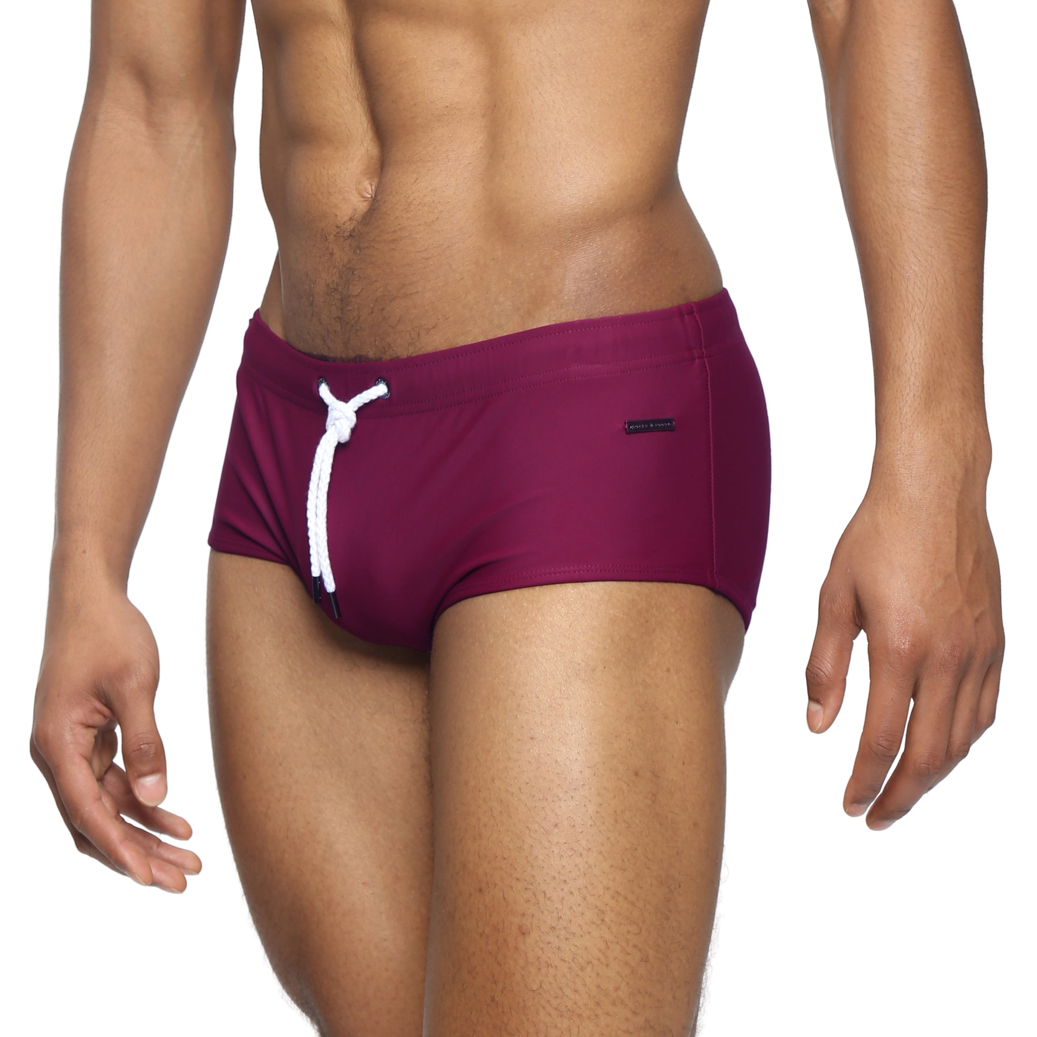 Parke & Ronen Garnet Corcovado Swim Brief - men's square-cut swim brief in garnet, side view
