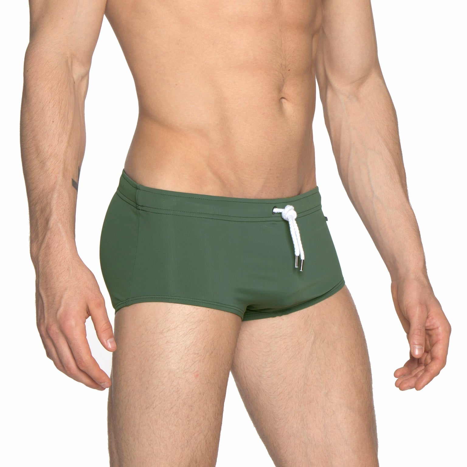 Parke & Ronen Army Green Corcovado Swim Brief - men's square-cut swim brief in army green, side view