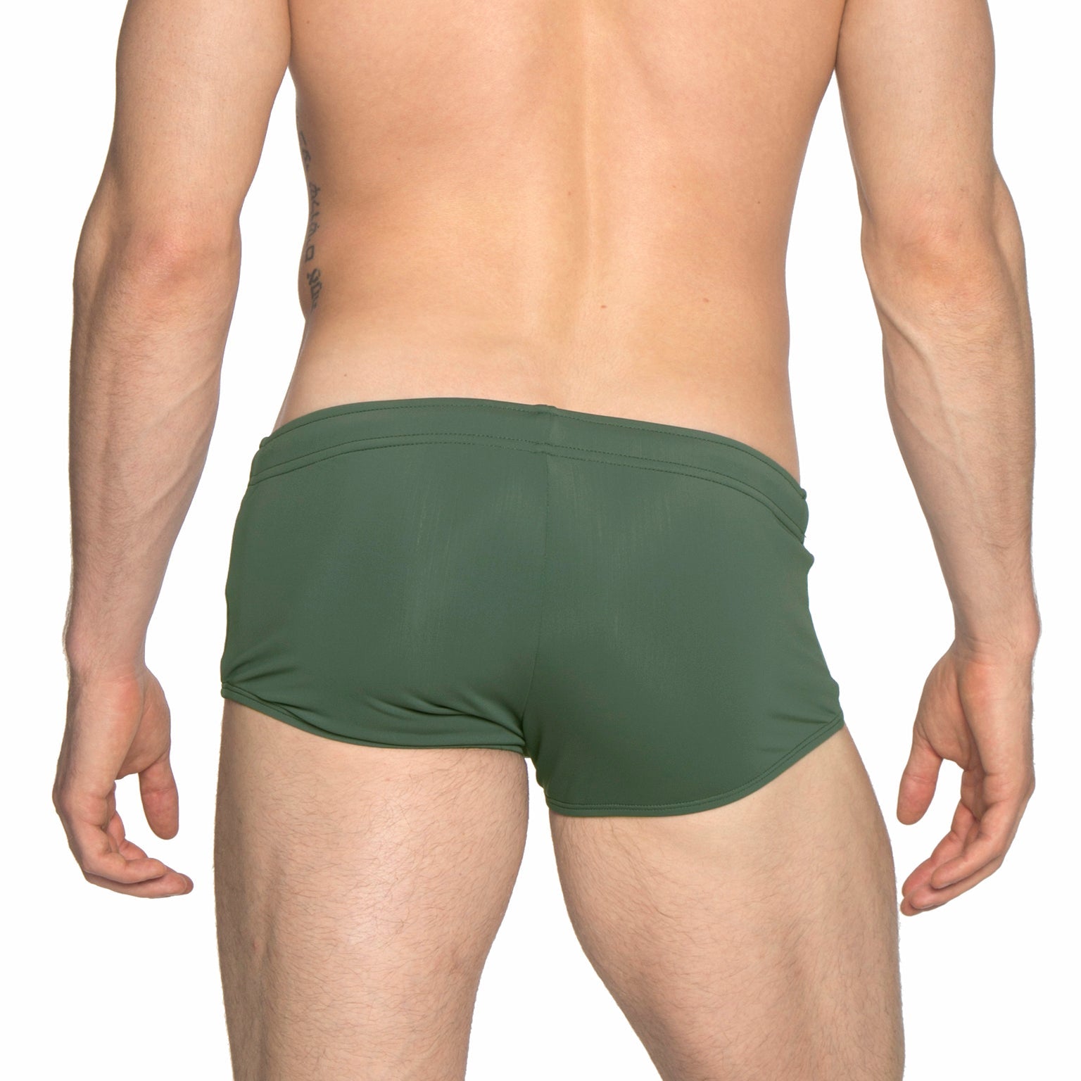 Parke & Ronen Army Green Corcovado Swim Brief - men's square-cut swim brief in army green, back view