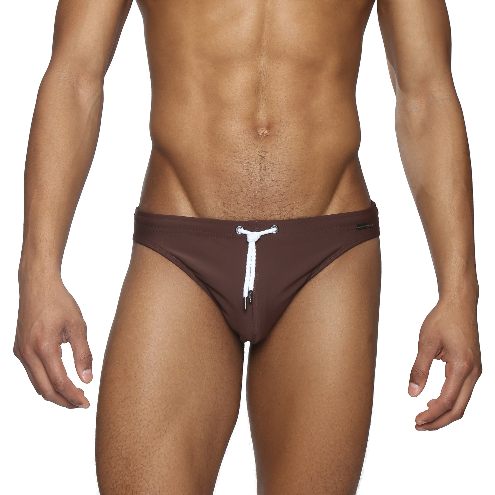 Parke & Ronen Chocolate Blade Swim Brief - men's high-cut swim brief in chocolate, front view