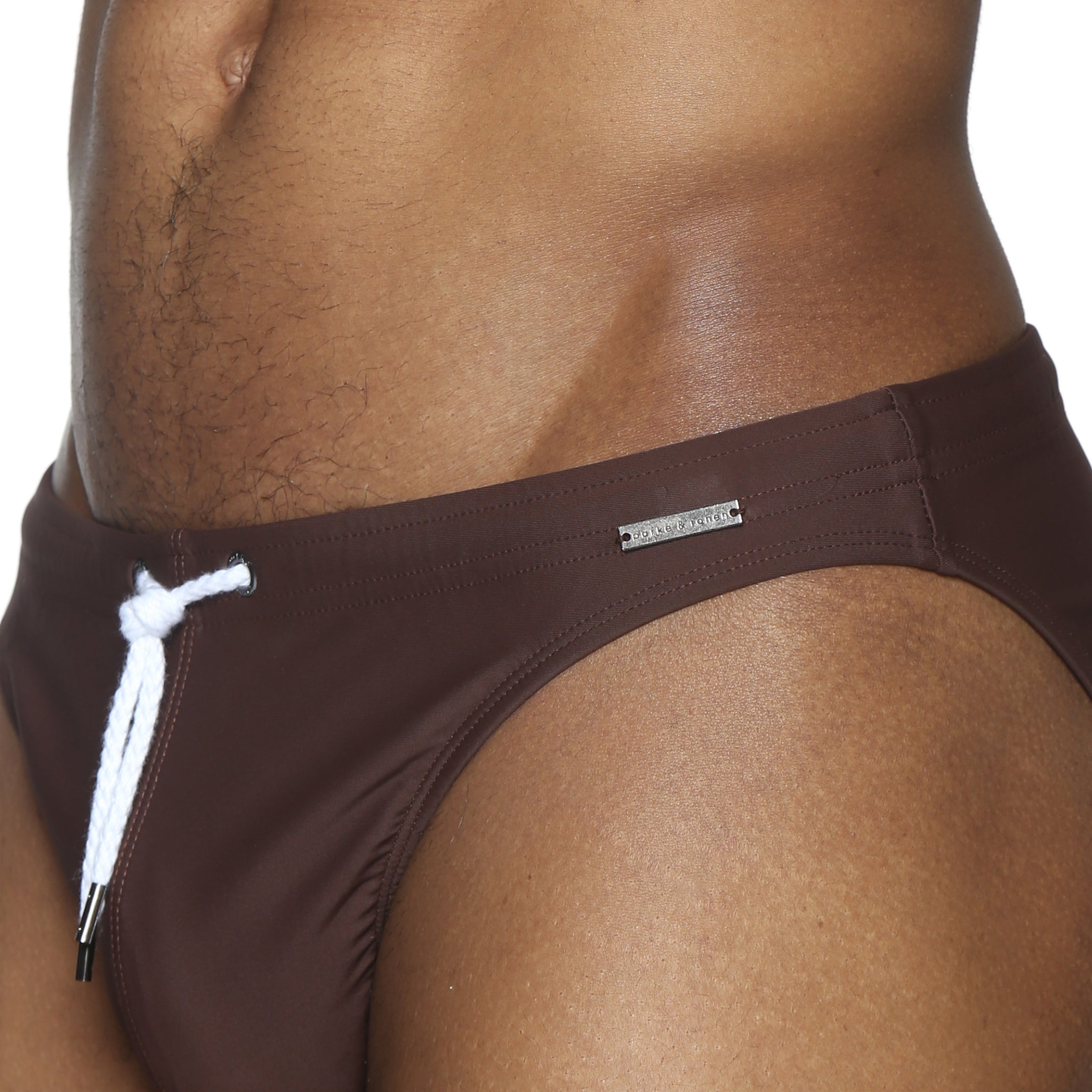 Parke & Ronen Chocolate Blade Swim Brief - men's high-cut swim brief in chocolate, detail view