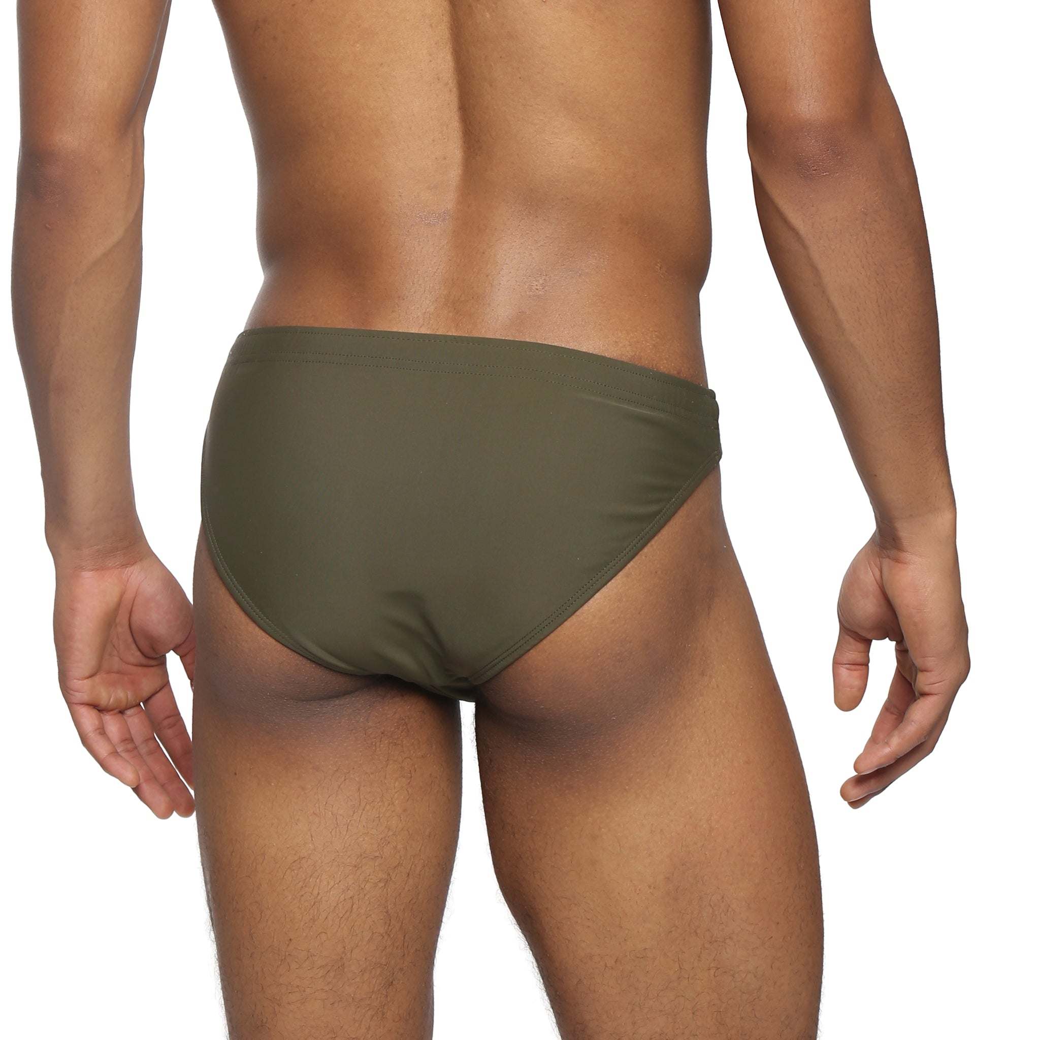 Parke & Ronen Army Green Blade Swim Brief - men's high-cut swim brief in army green, back view
