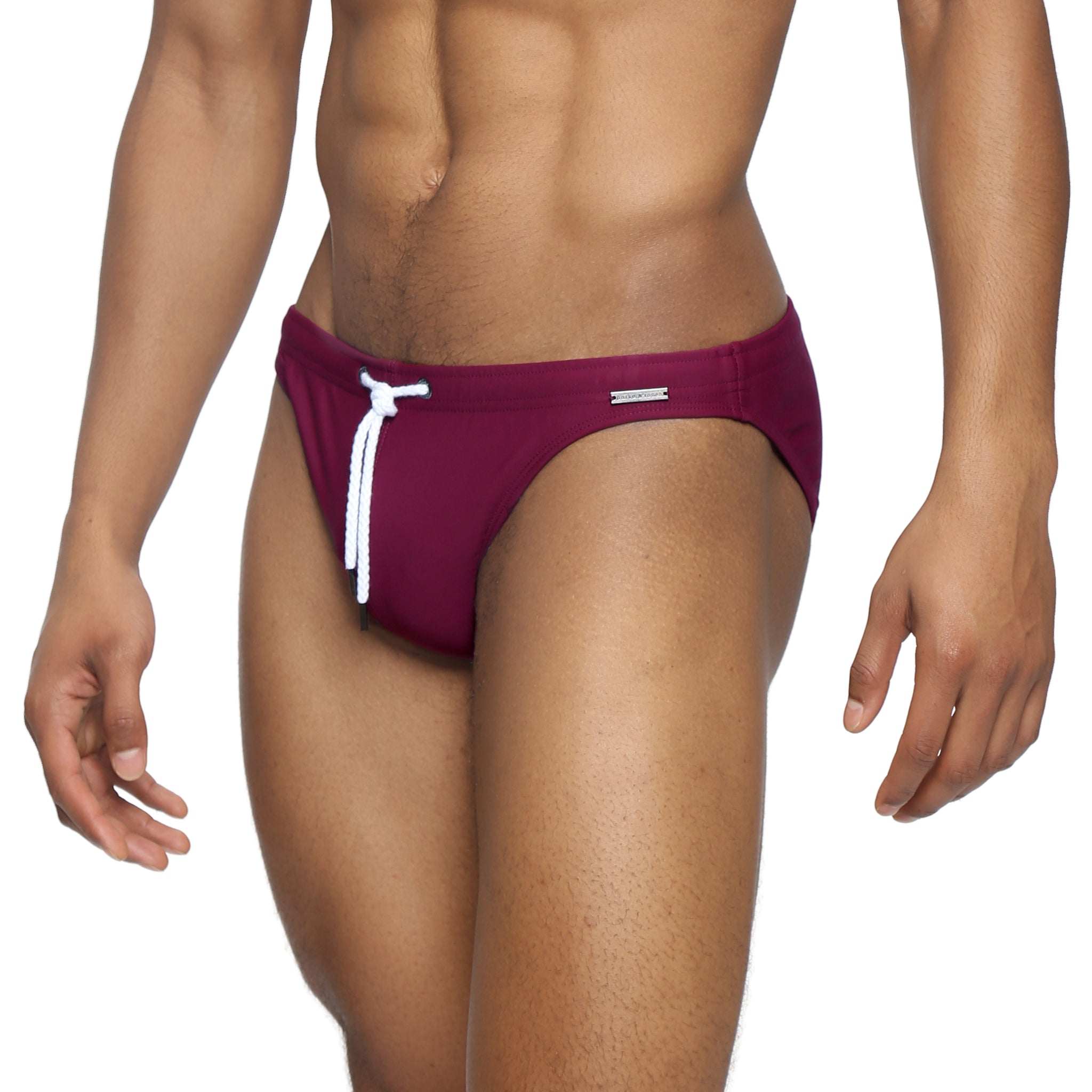 Parke & Ronen Garnet Blade Swim Brief - men's high-cut swim brief in garnet, side view
