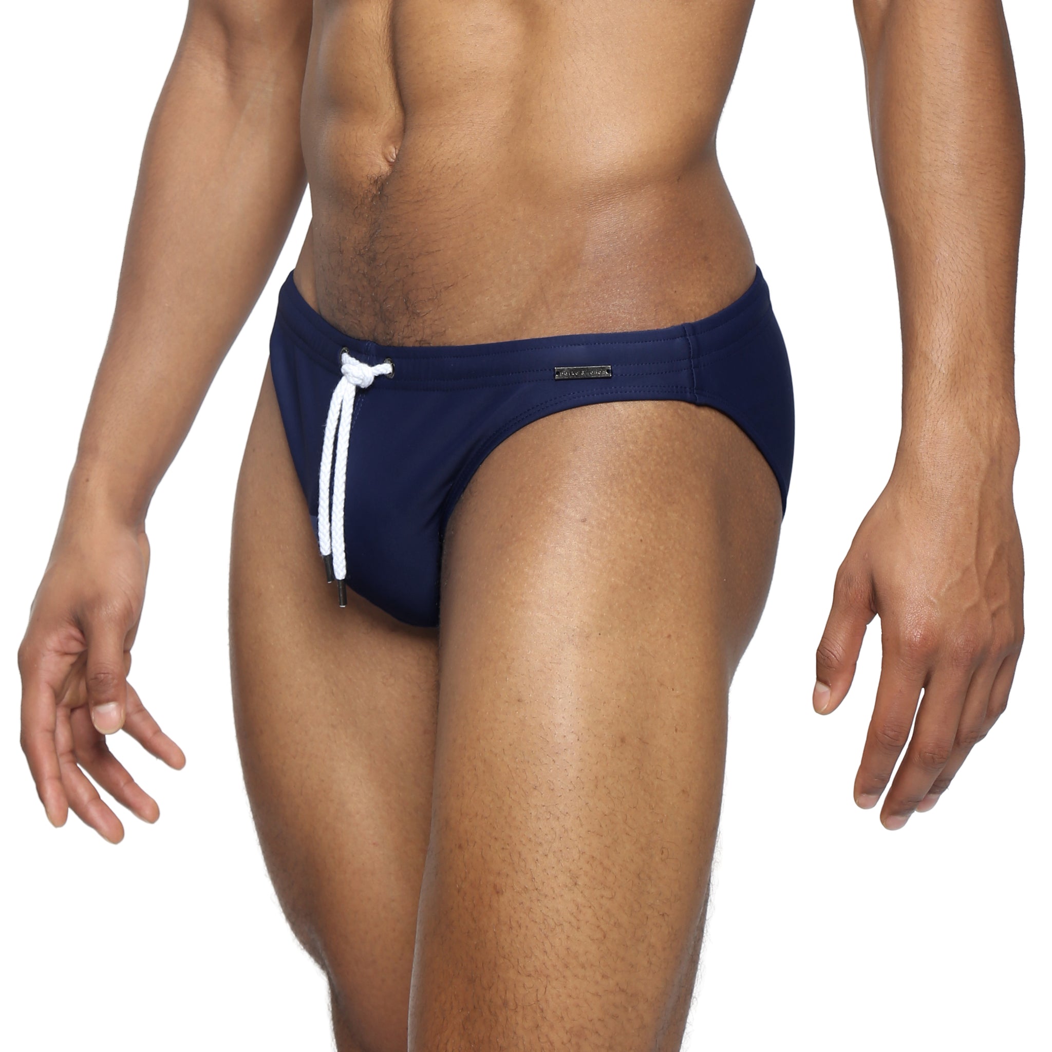 Parke & Ronen Navy Blade Swim Brief - men's high-cut swim brief in navy, side view