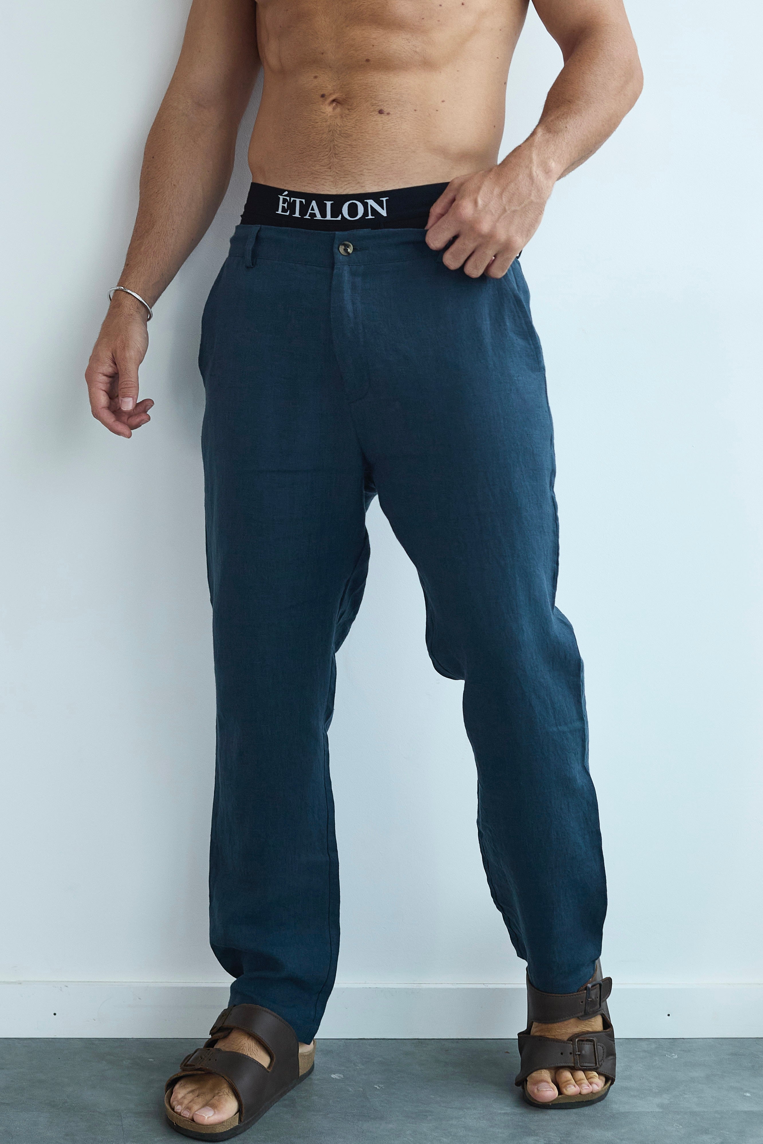 Etalon Perfect Blue Linen Pant - men's linen pants back pockets, side view