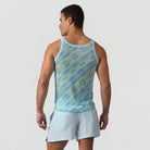 Parke & Ronen Azure Twilo Print Mesh Roxy Tank Azure — men's mesh tank on model, back view