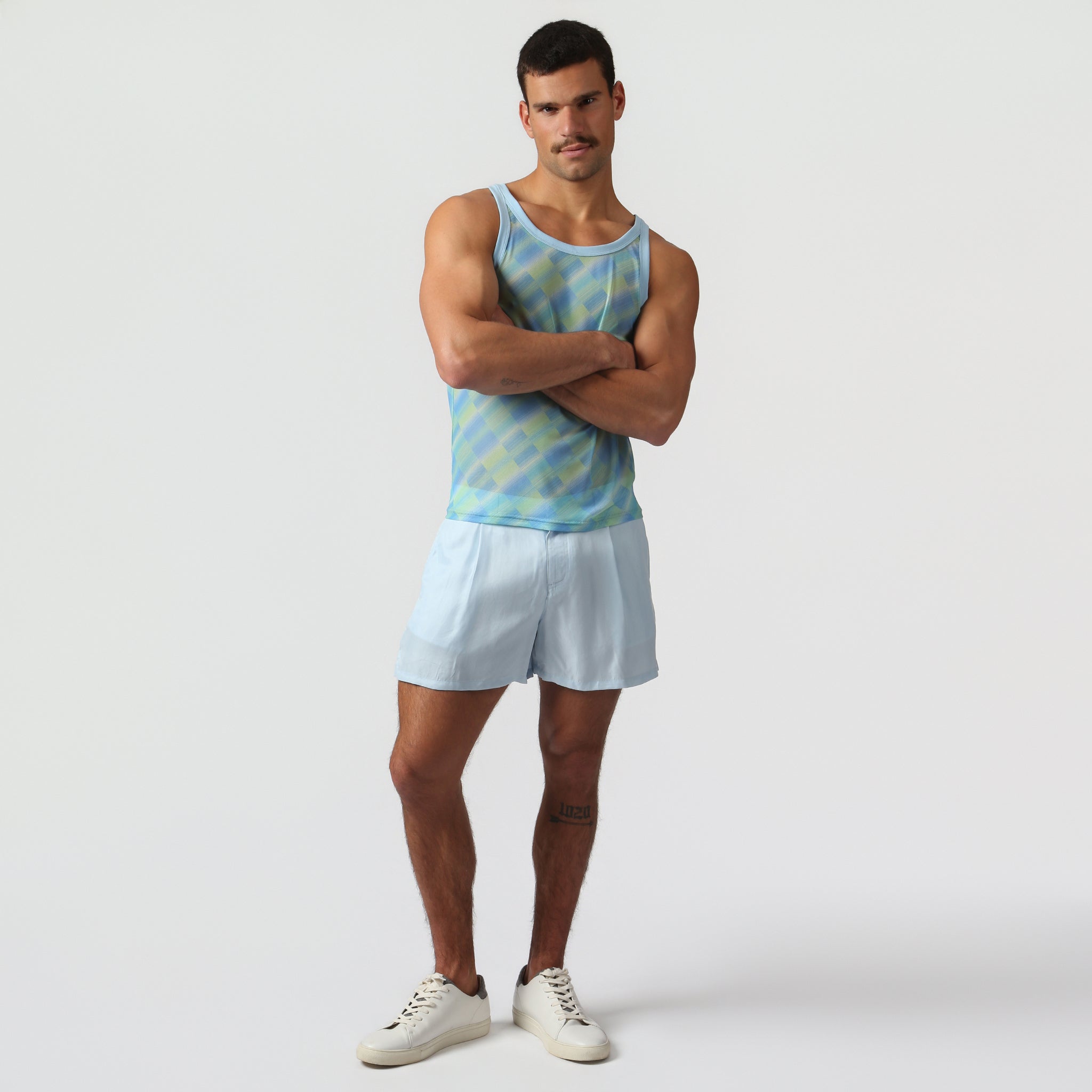 Parke & Ronen Azure Twilo Print Mesh Roxy Tank Azure — close-up of Twilo print mesh fabric