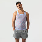 Parke & Ronen Lavender Twilo Print Mesh Roxy Tank Lavender — men's mesh tank on model, front view