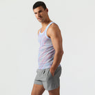 Parke & Ronen Lavender Twilo Print Mesh Roxy Tank Lavender — men's mesh Roxy tank on model, side view