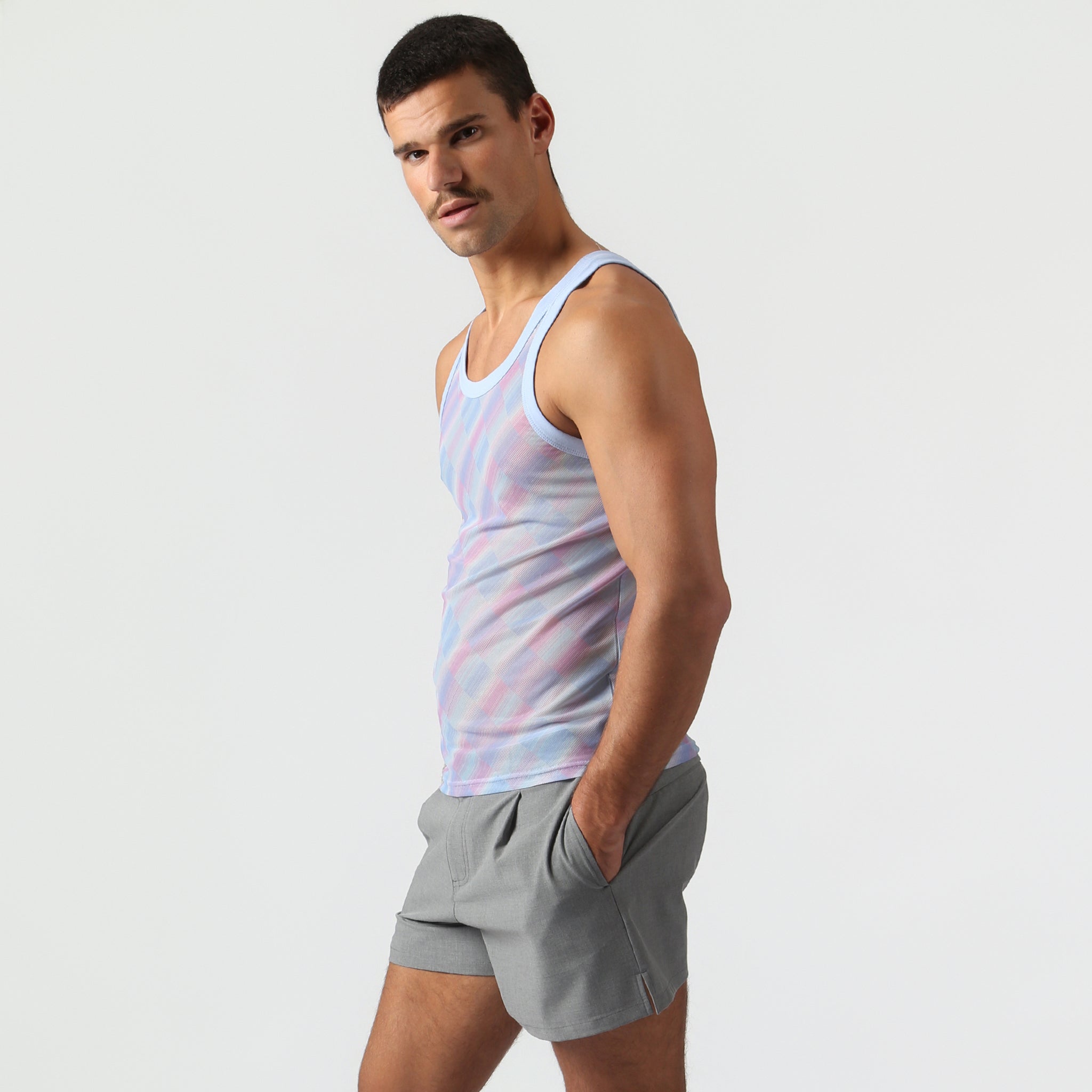 Parke & Ronen Lavender Twilo Print Mesh Roxy Tank Lavender — men's mesh Roxy tank on model, side view