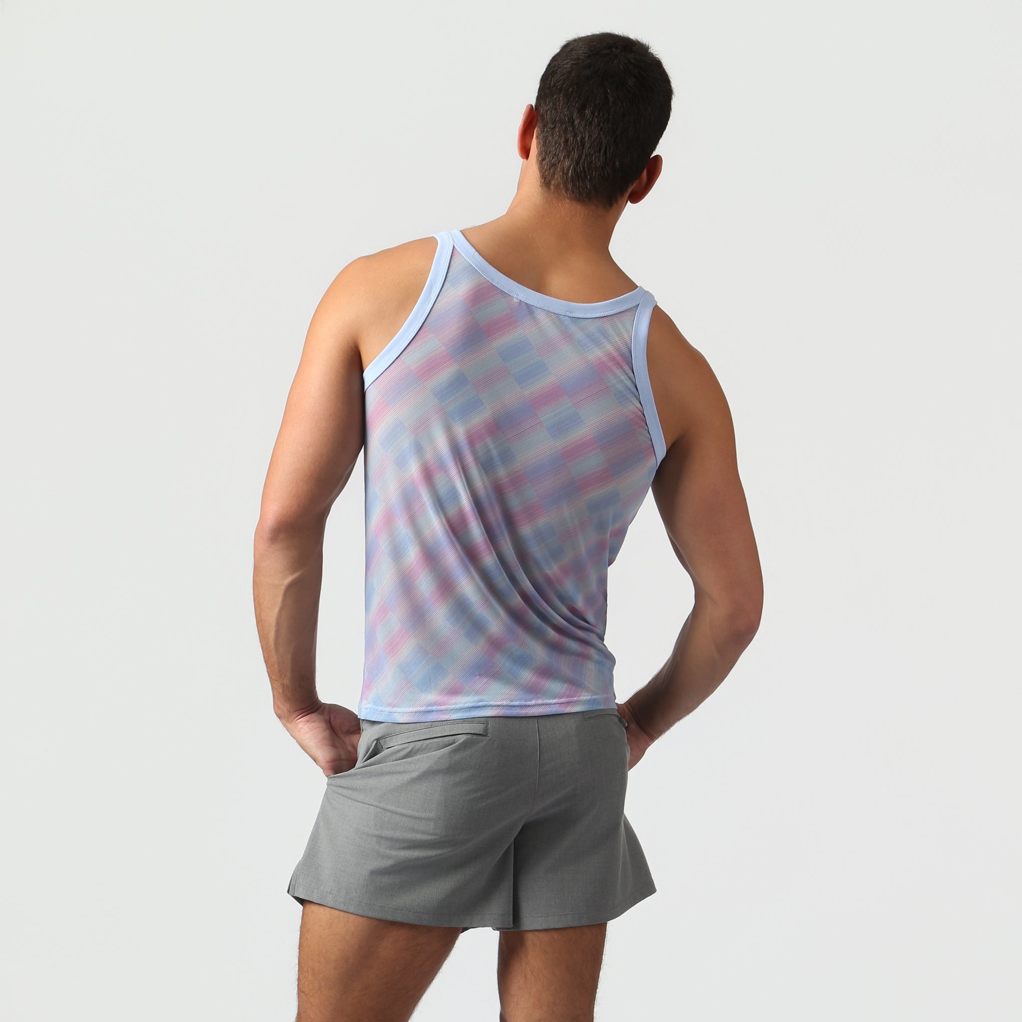 Parke & Ronen Lavender Twilo Print Mesh Roxy Tank Lavender — men's mesh Roxy tank on model, side view