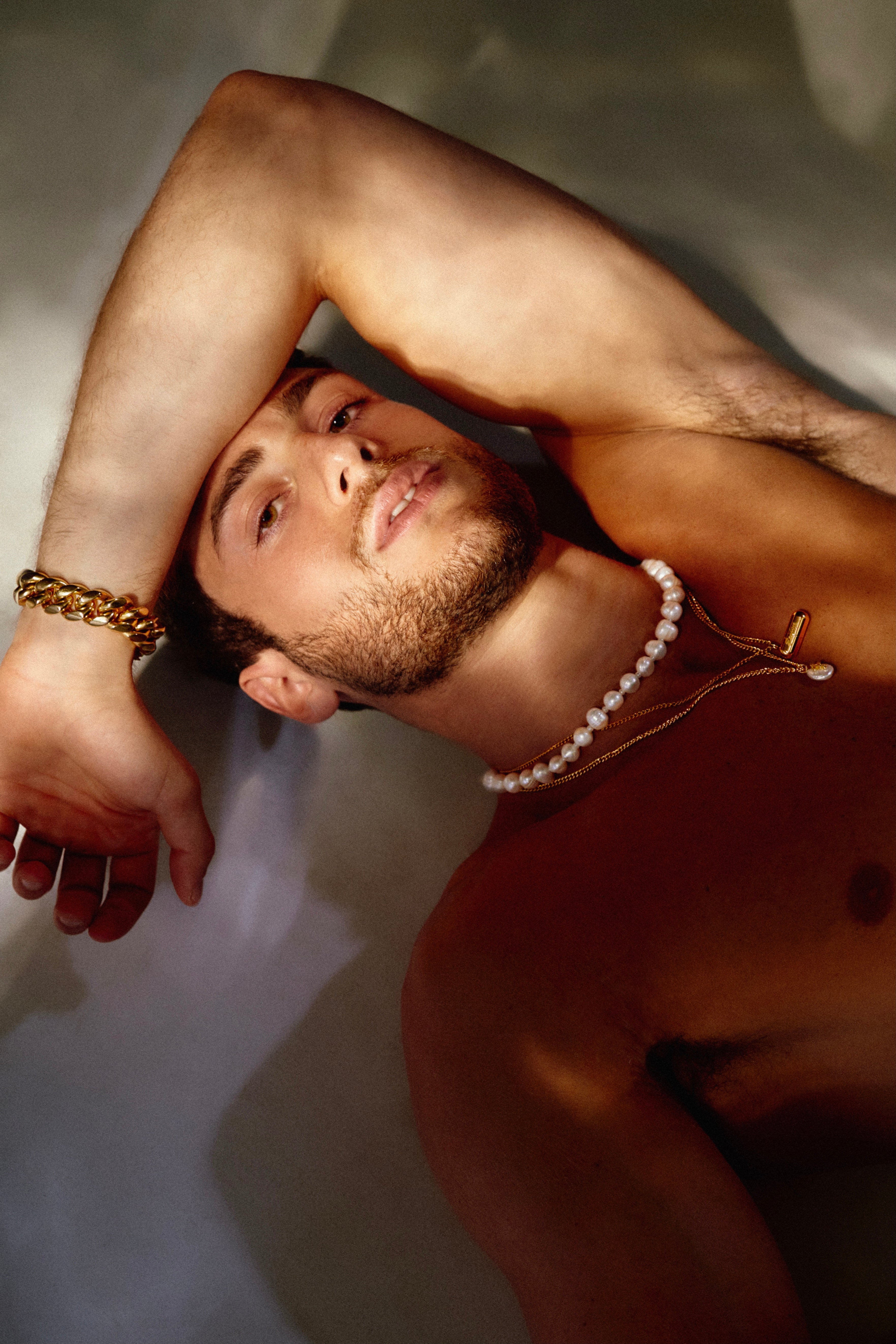 Etalon Pearl Choker - men's pearl choker worn on model, styled view