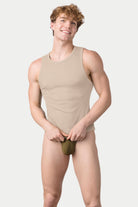 Awry Ribbed Tank Sand — men's cropped ribbed tank top, front view
