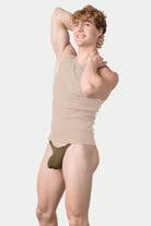 Awry Ribbed Tank Sand — men's ribbed tank top shown with matching styles, side view