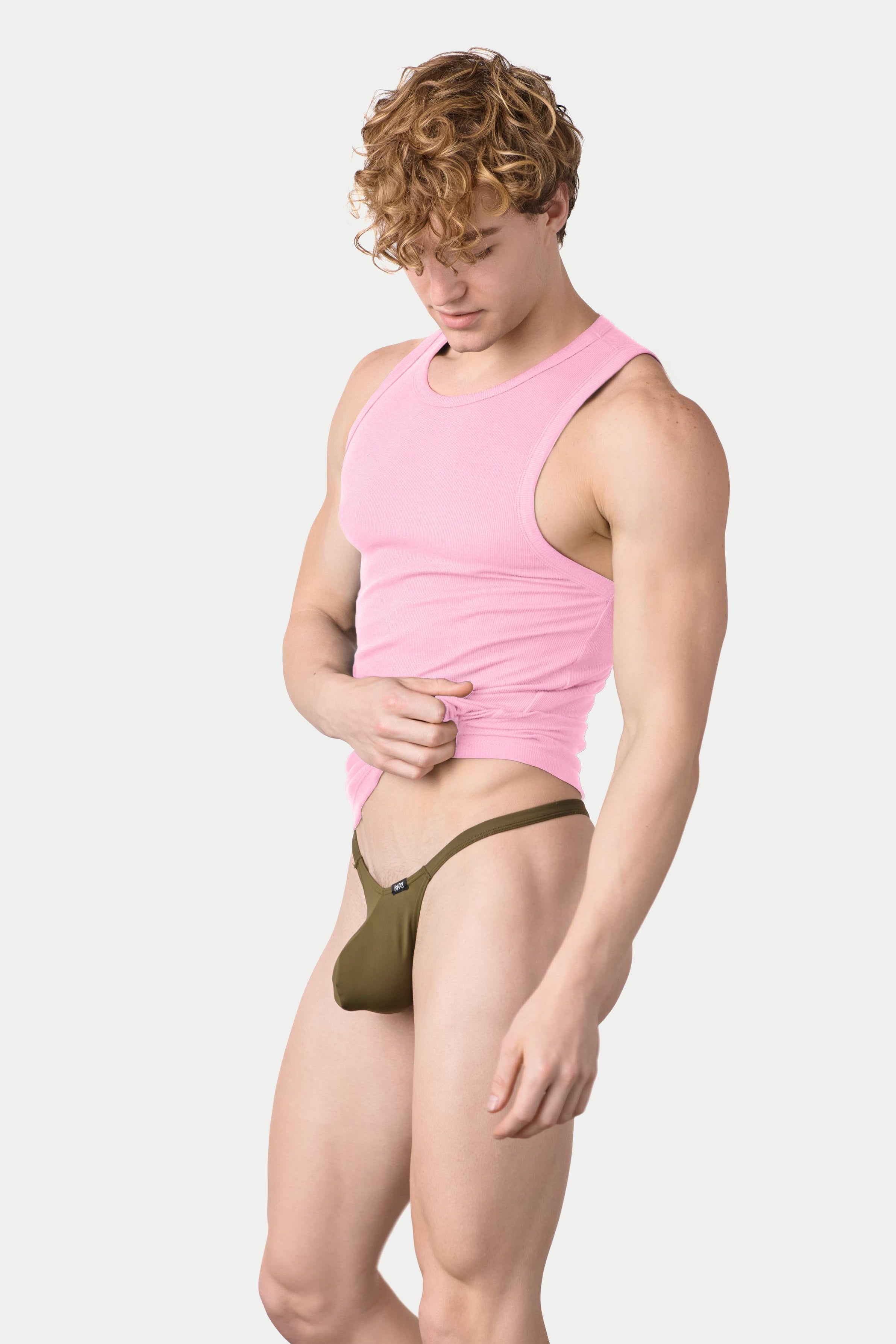 Awry Ribbed Tank Pink — men's ribbed tank top shown with matching styles, side view