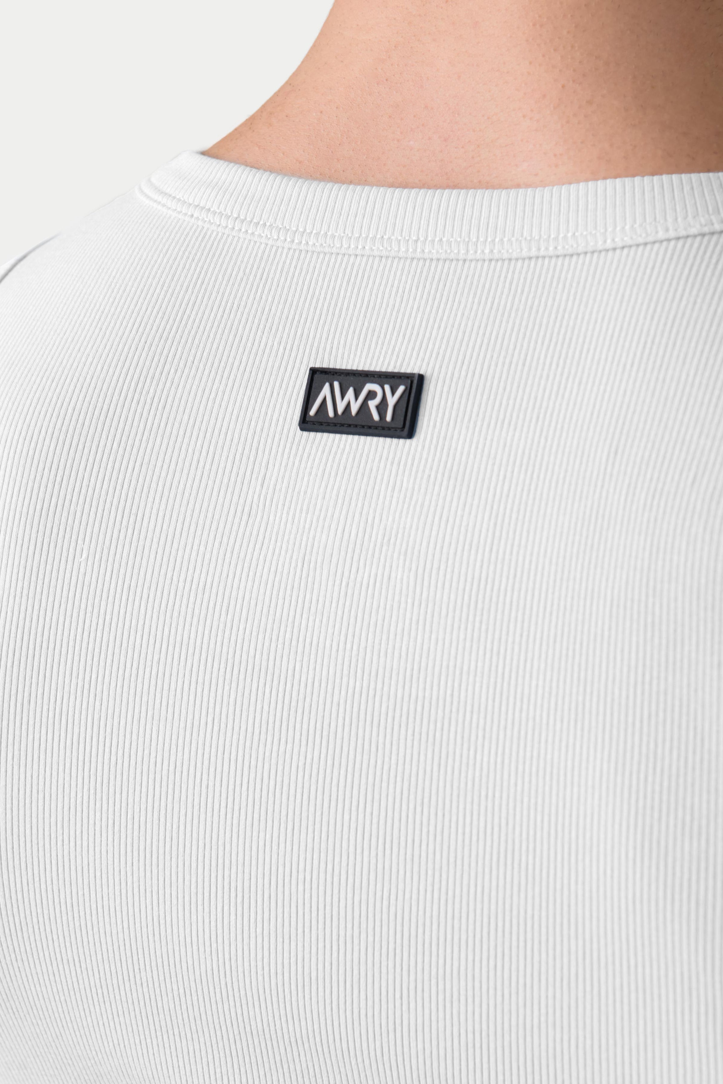 Awry Ribbed Tank White — men's fitted ribbed tank top, back view