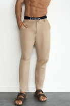 Etalon Perfect Beige Linen Pant - men's beige linen pants with drawstring waist, front view