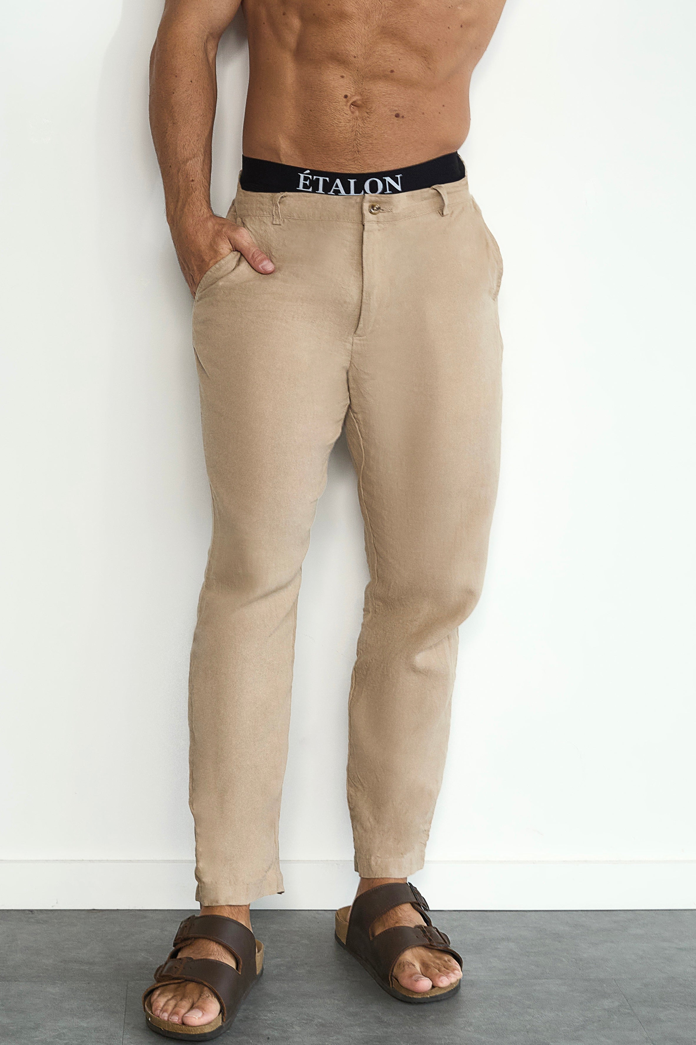 Etalon Perfect Beige Linen Pant - men's beige linen pants with drawstring waist, front view