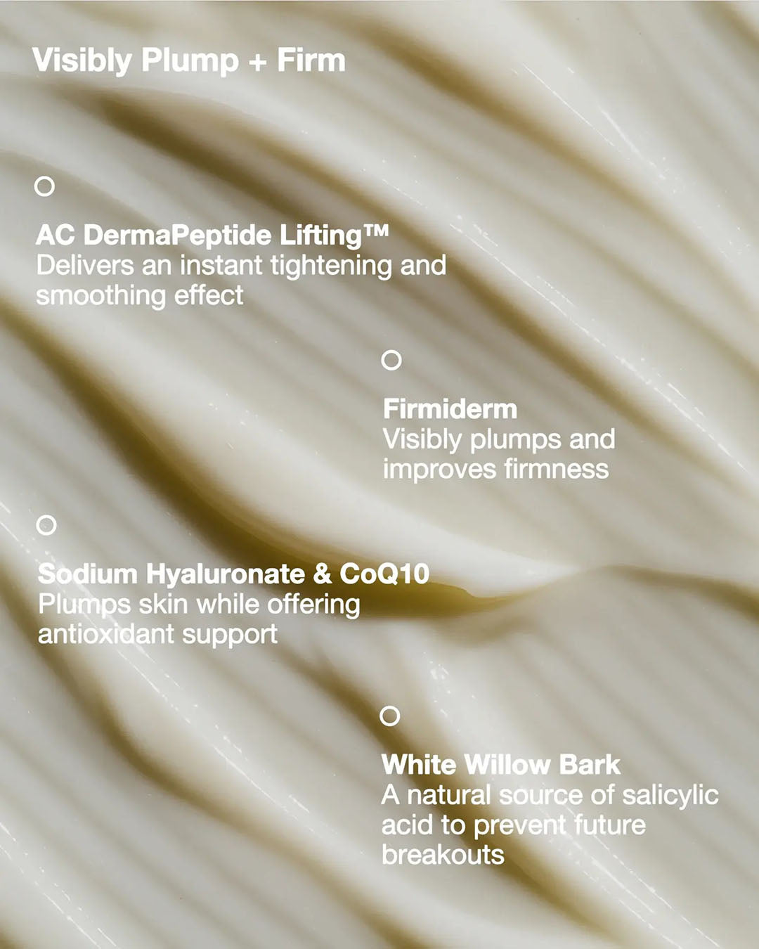 Buttface BBL Firming Cream — dual peptide, CoQ10 and sodium hyaluronate key ingredient callout graphic
