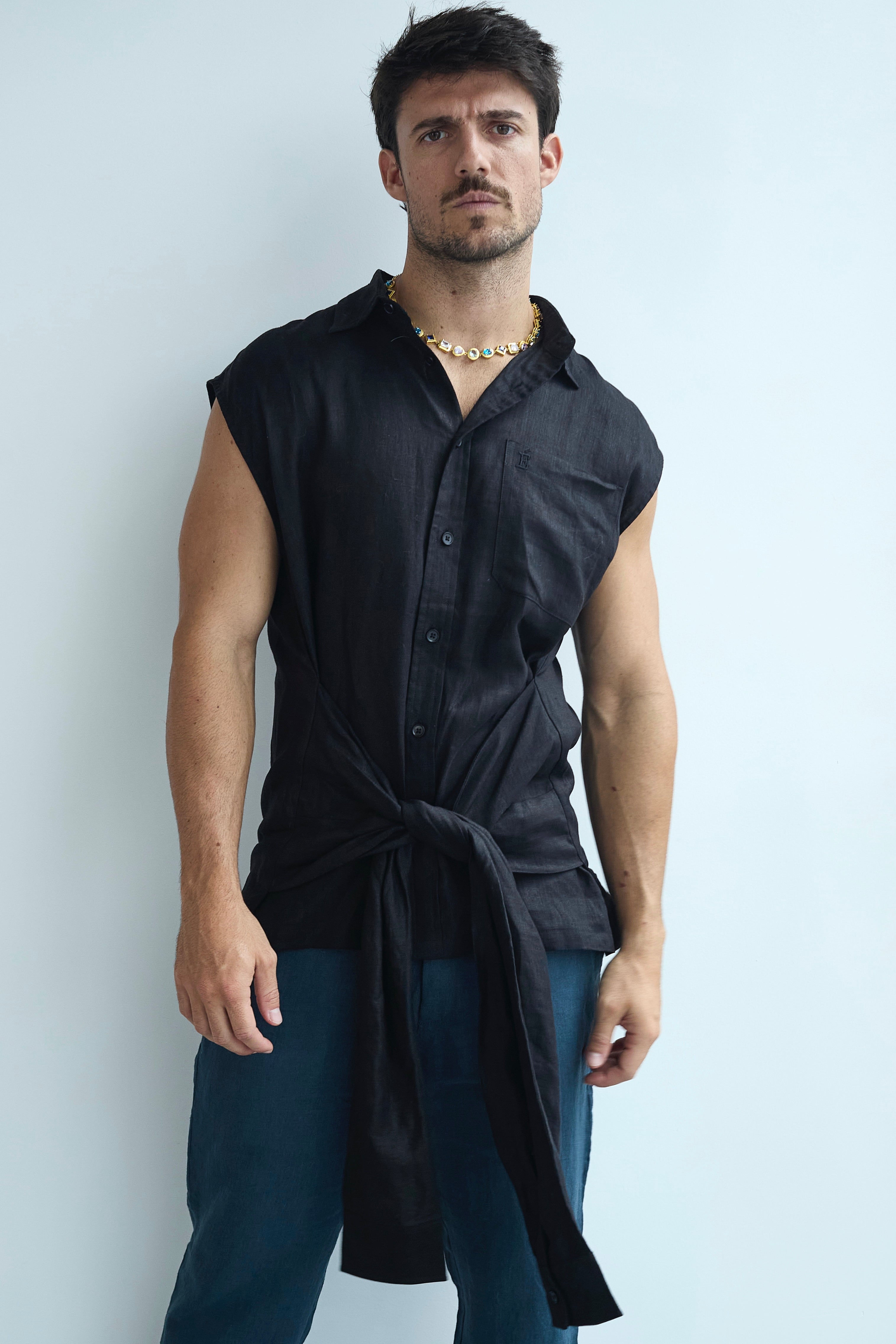 Etalon Tie Linen Sleeveless Shirt - men's linen sleeveless shirt with tie panels, front view