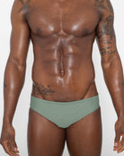 Sean & Val Classic Brief Sage — men's swim brief, model 3/4 front view