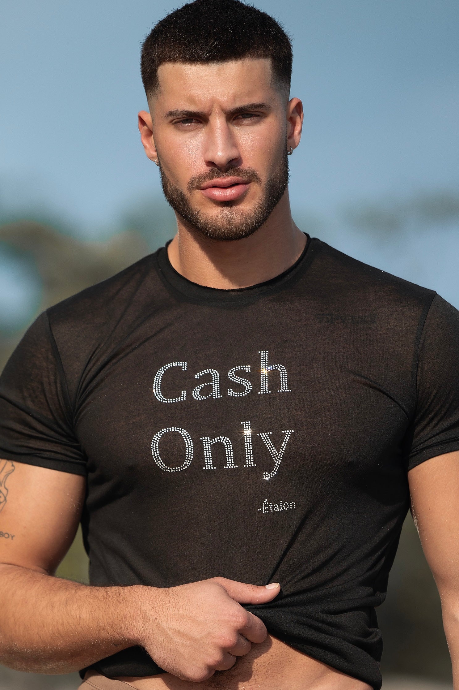 Etalon Crystal Cash Only Premium Tee front — AAA rhinestone detail on polyester