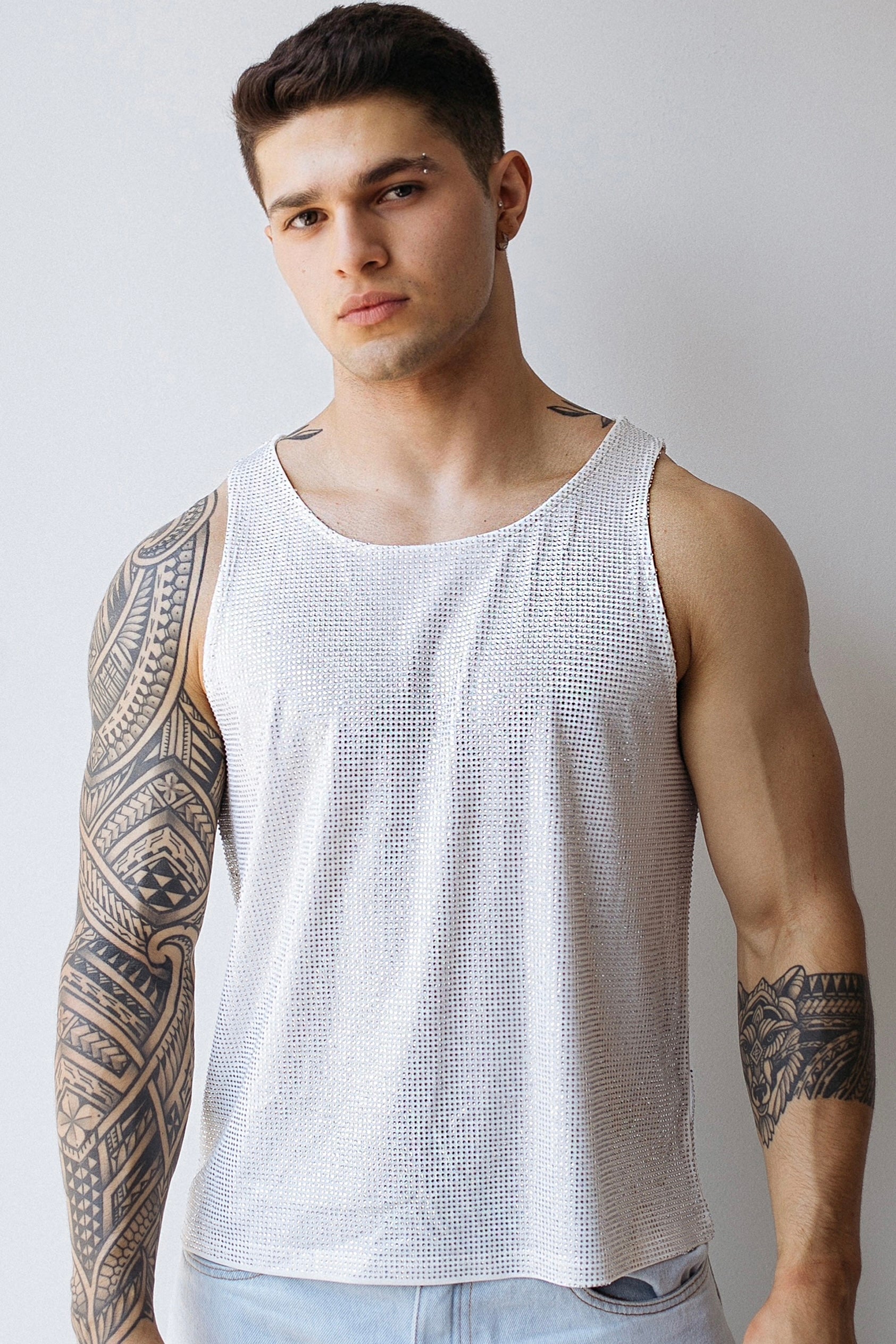 Etalon Crystal Tank Top 01 front — full rhinestone coverage on polyester mesh