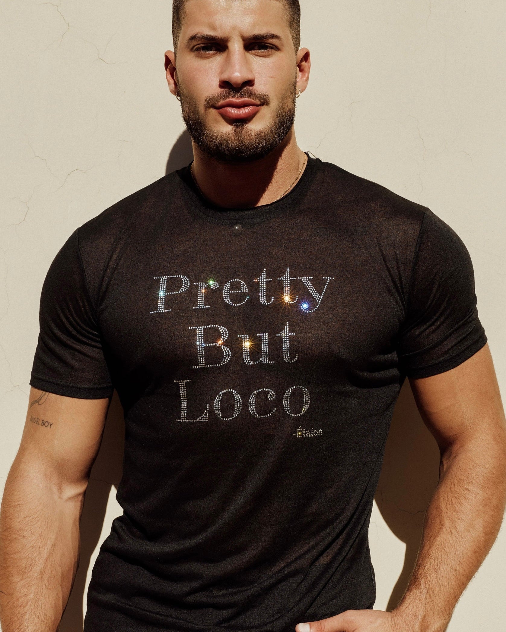 Etalon Crystal Pretty But Loco Tee front — AAA rhinestone slogan detail