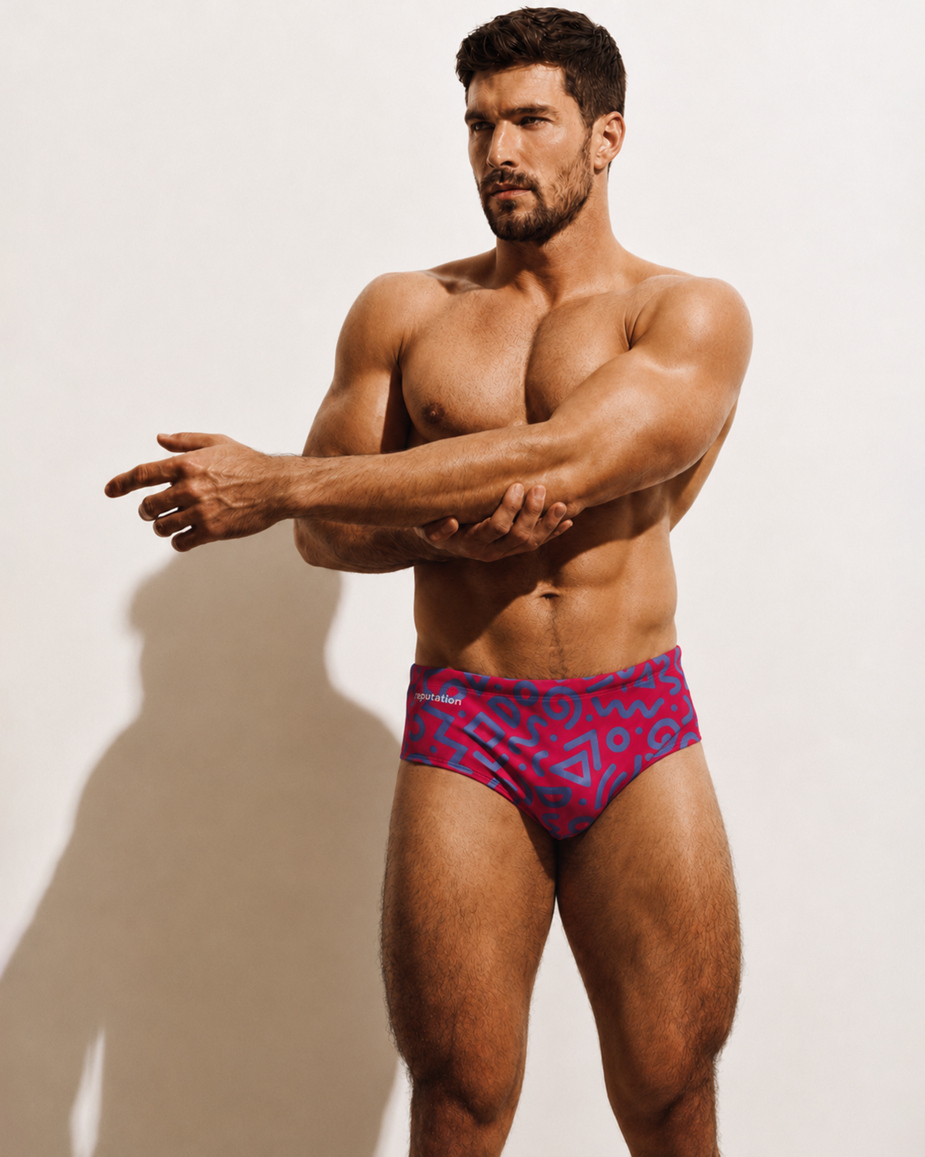 Reputation Sunga 02 Red Blue Glyph — men's sunga brief on-model lifestyle shot