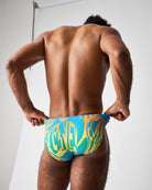 Teamm8 Harbour City Bikini Swim Brief Tropical - men's high hip swim brief waistband detail