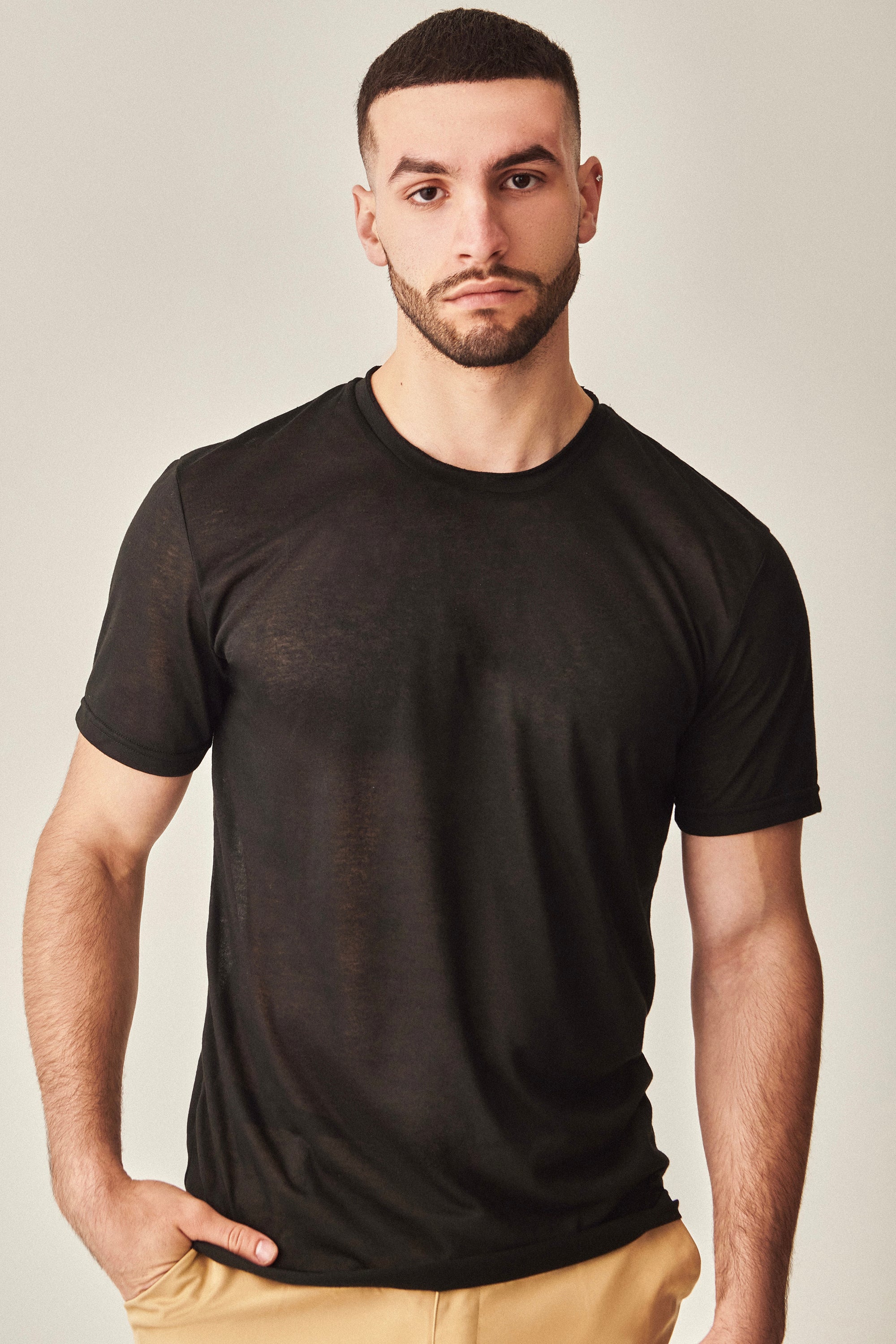 Etalon Not So Basic Tee 01 Black - men's fitted t-shirt with raw crew neck, front view