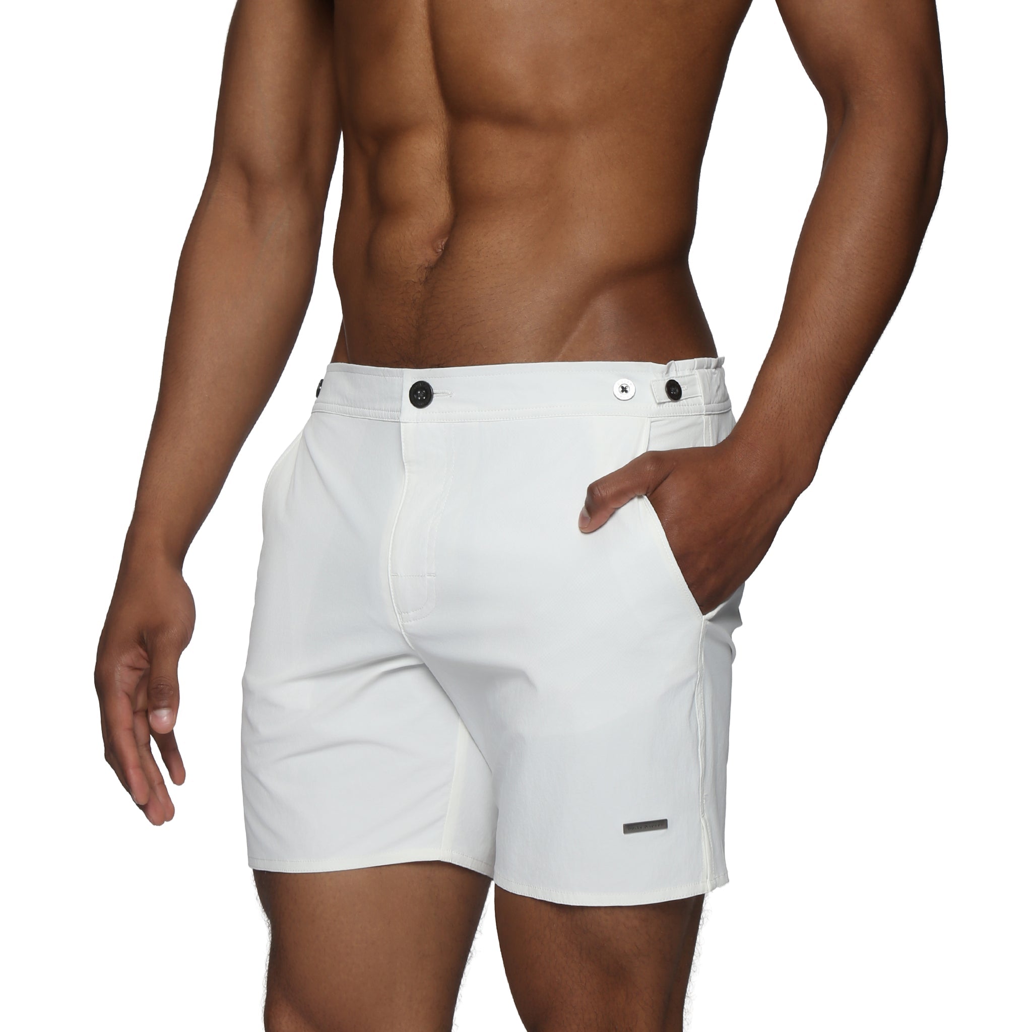Parke & Ronen White Catalonia 6" Swim Short - mens swim shorts side view