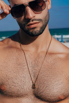 Etalon Reversible Scapular - men's 26 inch scapular necklace worn on model, styled view