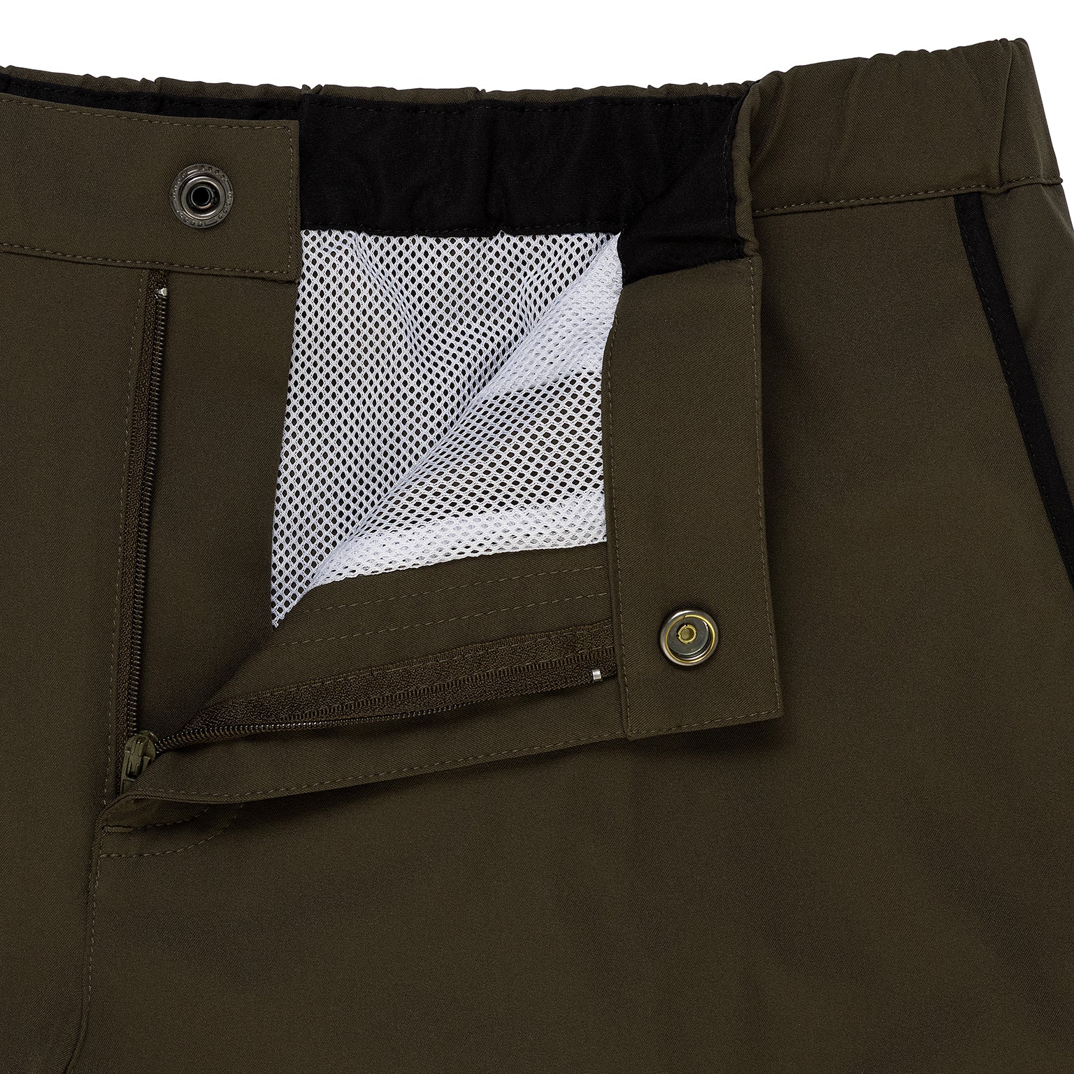 Parke & Ronen Angeleno Swim Trunk Army Green - men's low-rise swim trunk, detail shot of fabric and piping
