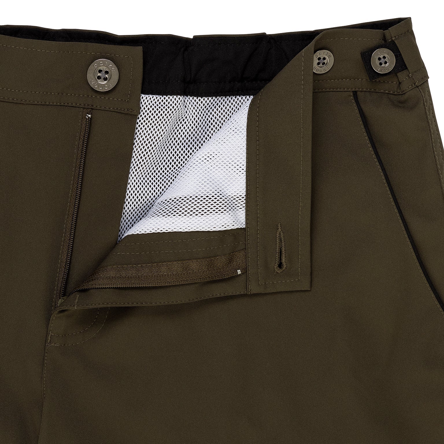 Parke & Ronen Catalonia Army Green Swim Short - close-up of accent waist tab and button closure