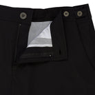 Parke & Ronen Catalonia Black Swim Short - close-up of accent waist tab and button closure