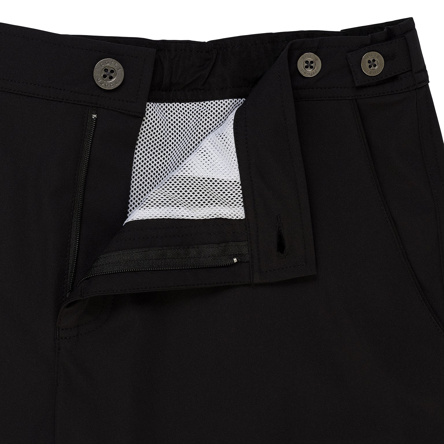 Parke & Ronen Catalonia Black Swim Short - close-up of accent waist tab and button closure