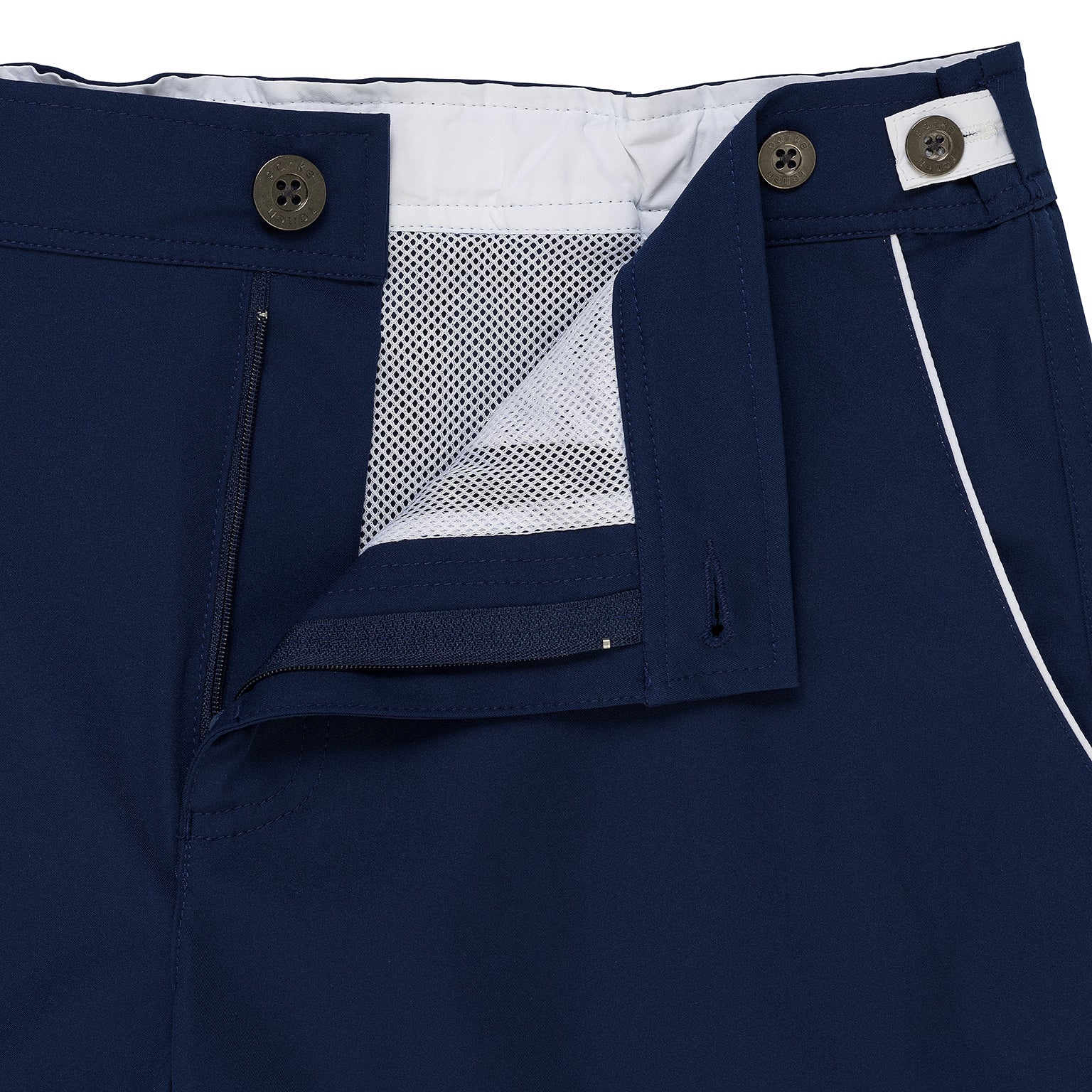 Parke & Ronen Catalonia Navy Swim Short - close-up of accent waist tab and button closure
