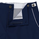 Parke & Ronen Catalonia Navy Swim Short - close-up of accent waist tab and button closure